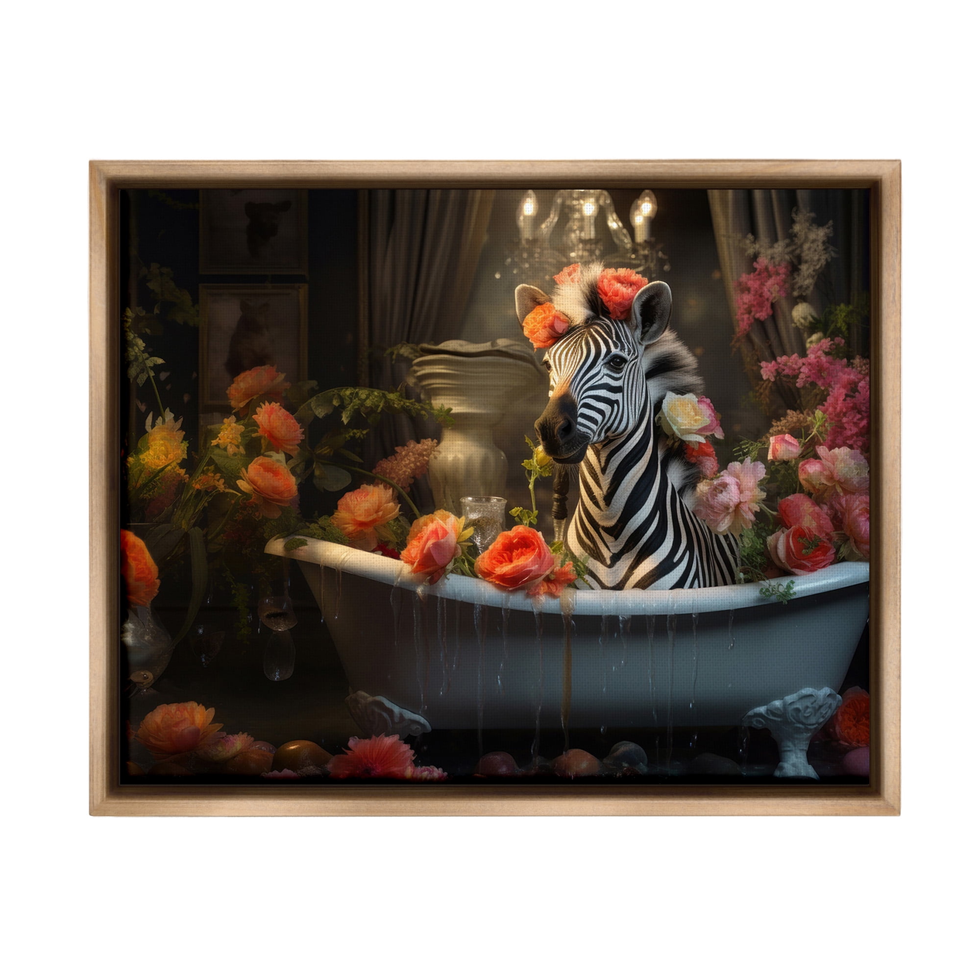 Stupell Industries Zebra Bathing with Florals Animals & Insects Painting Brown Floater Framed Canvas Art Print Wall Art, 31 x 25