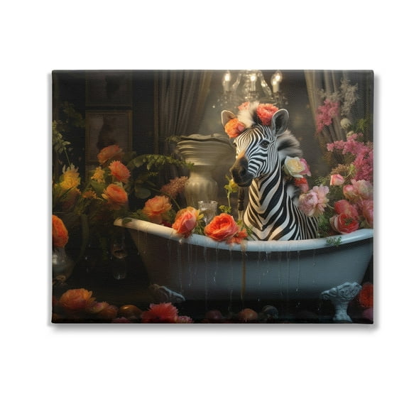 Stupell Industries Zebra Bathing with Florals Animals & Insects Painting Gallery Wrapped Canvas Art Print Wall Art, 20 x 16