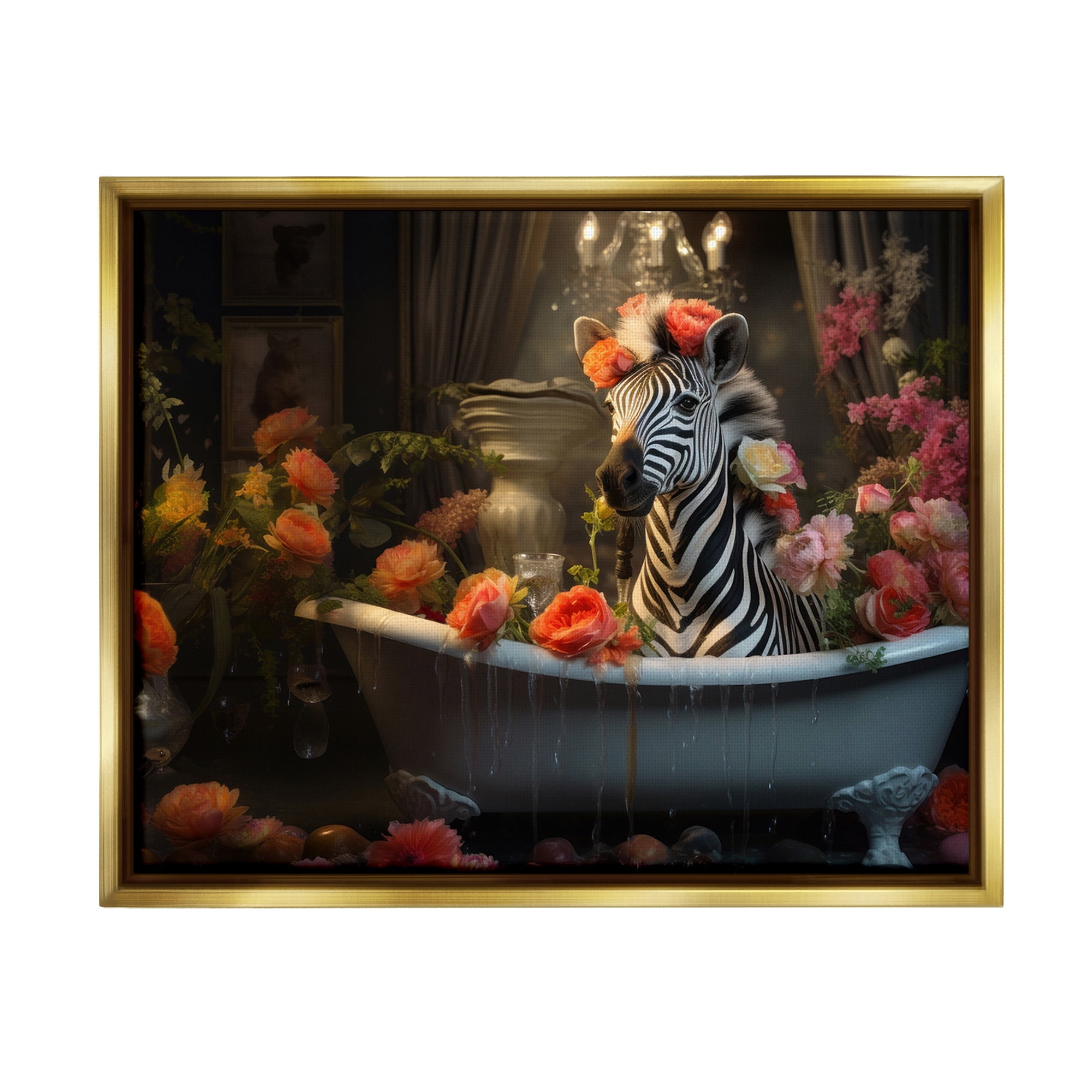 Stupell Industries Zebra Bathing with Florals Animals & Insects Painting Gold Floater Framed Canvas Art Print Wall Art, 31 x 25