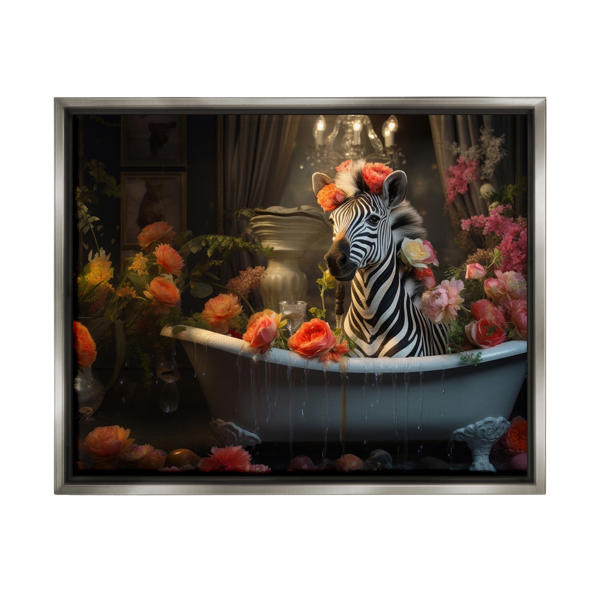 Stupell Industries Zebra Bathing with Florals Animals & Insects Painting Gray Floater Framed Canvas Art Print Wall Art, 21 x 17