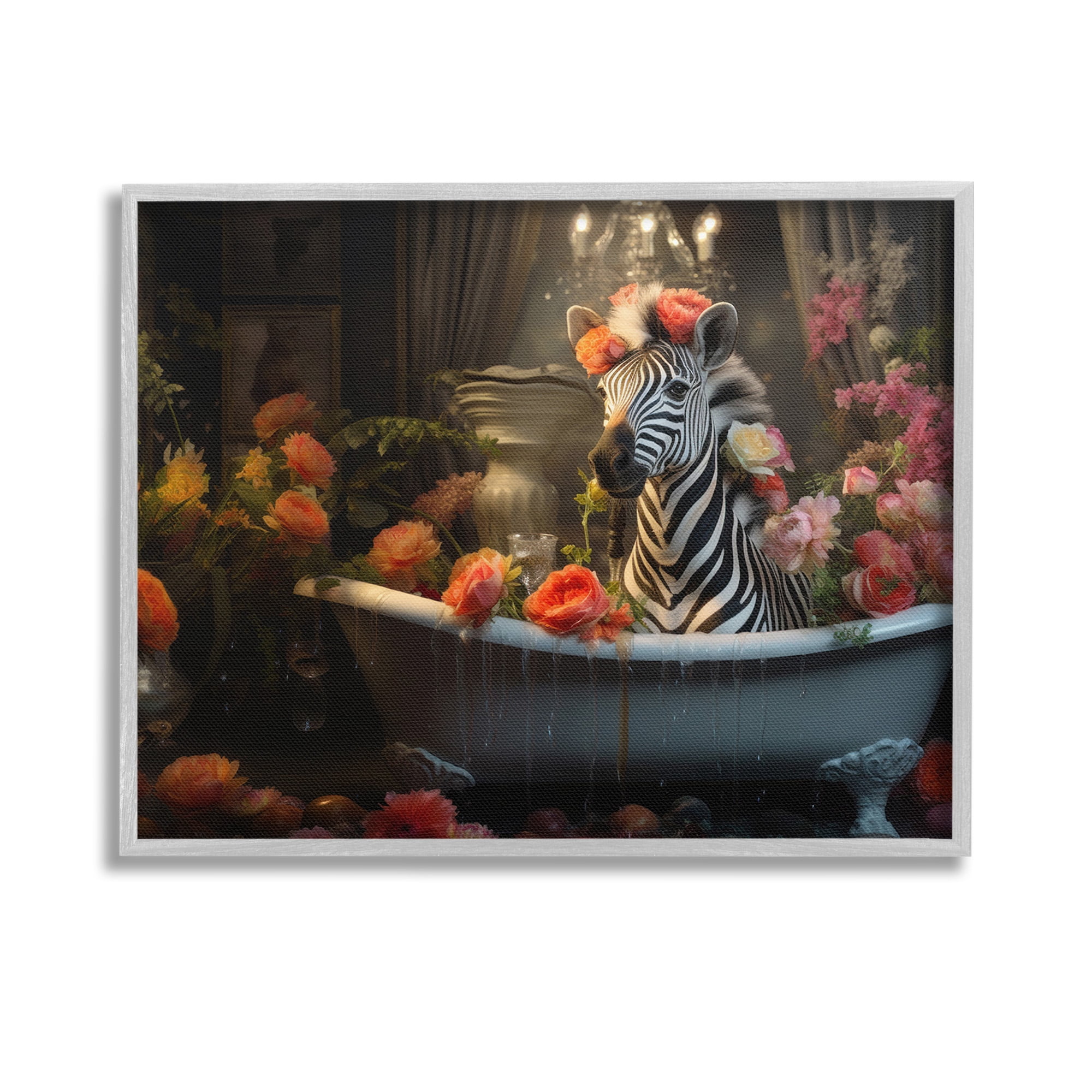 Stupell Industries Zebra Bathing with Florals Animals & Insects Painting Gray Framed Art Print Wall Art, 14 x 11