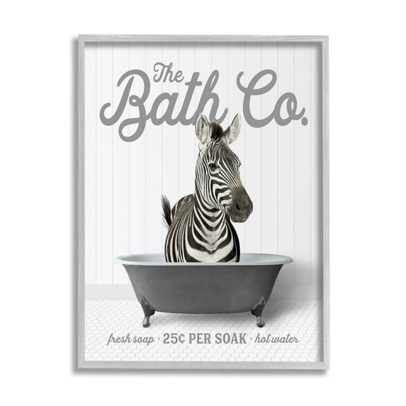 Stupell Industries Zebra Bathroom Tub Animals & Insects Painting Gray Framed Art Print Wall Art, 24 x 30