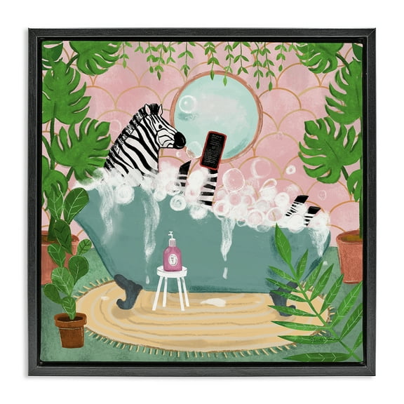 Stupell Industries Zebra Fun Bath Time Typography Painting Black Floater Framed Canvas Art Print Wall Art, 18 x 18