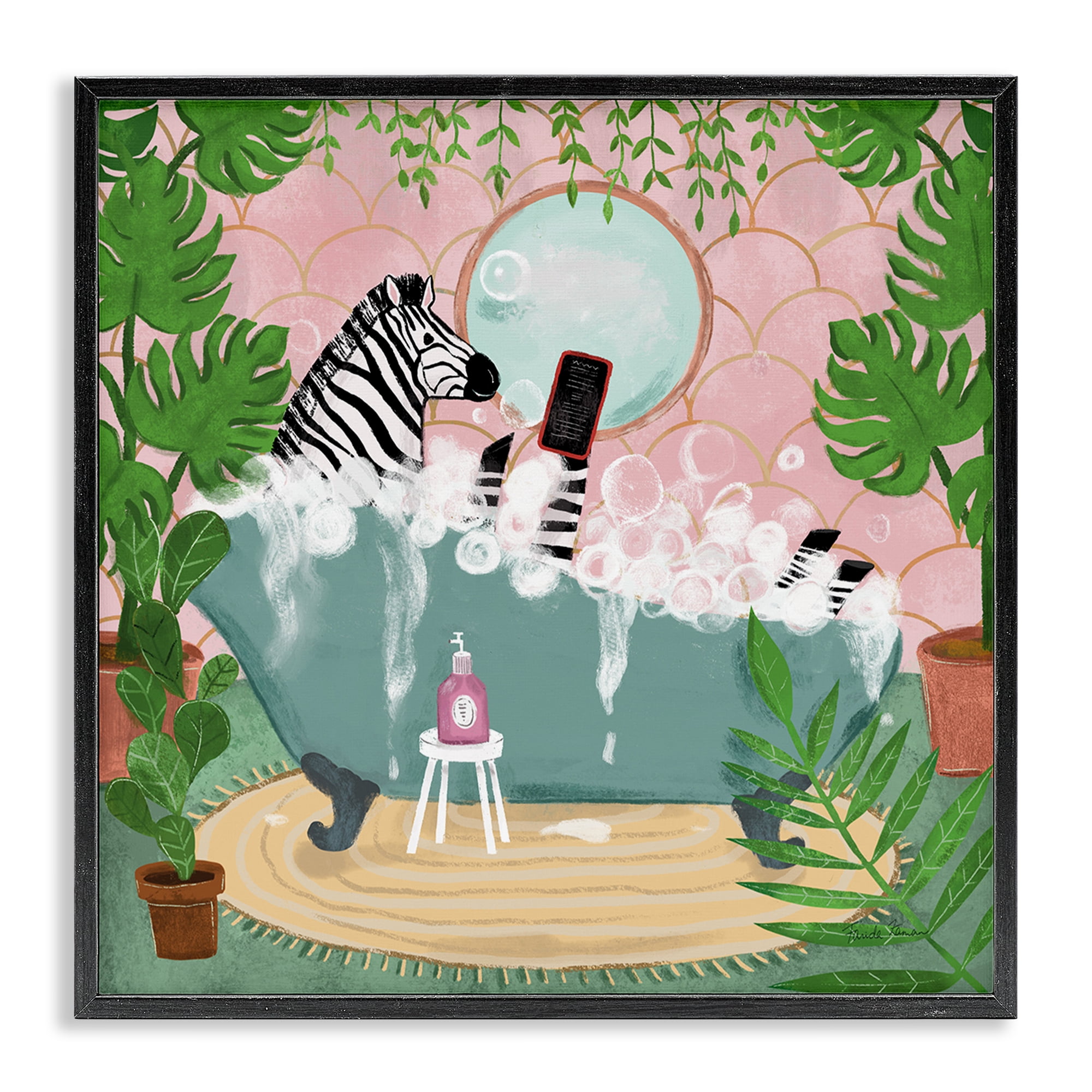 Stupell Industries Zebra Fun Bath Time Typography Painting Black Framed Art Print Wall Art, 24 x 24