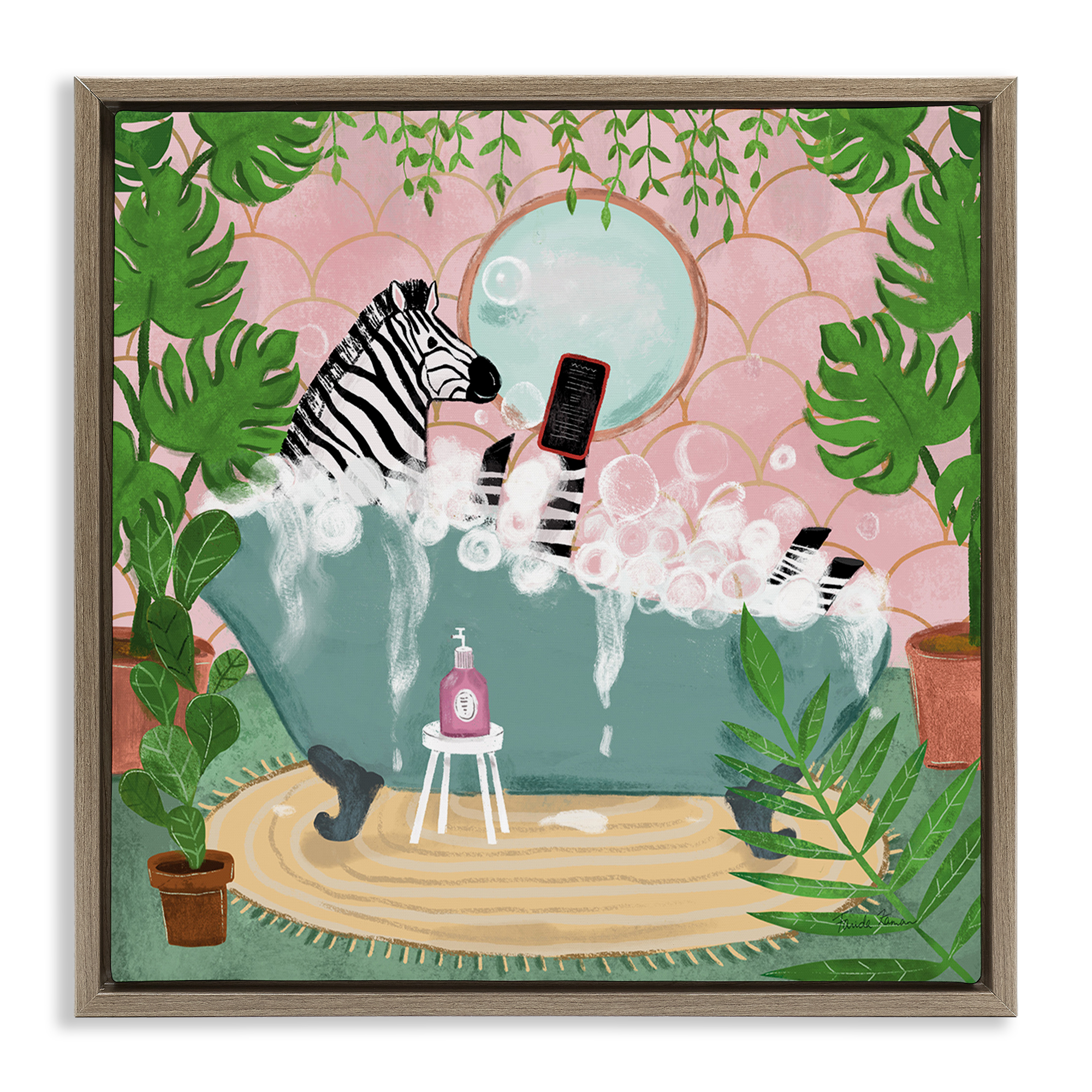 Stupell Industries Zebra Fun Bath Time Typography Painting Brown Floater Framed Canvas Art Print Wall Art, 25 x 25