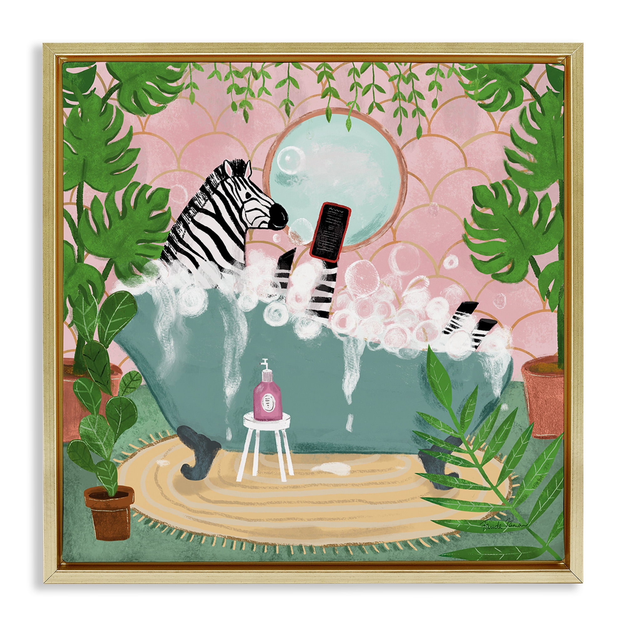 Stupell Industries Zebra Fun Bath Time Typography Painting Gold Floater Framed Canvas Art Print Wall Art, 25 x 25