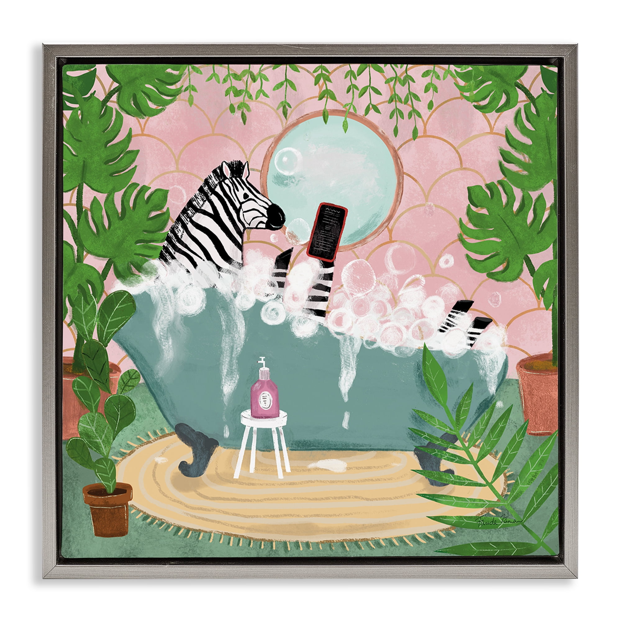 Stupell Industries Zebra Fun Bath Time Typography Painting Gray Floater Framed Canvas Art Print Wall Art, 25 x 25