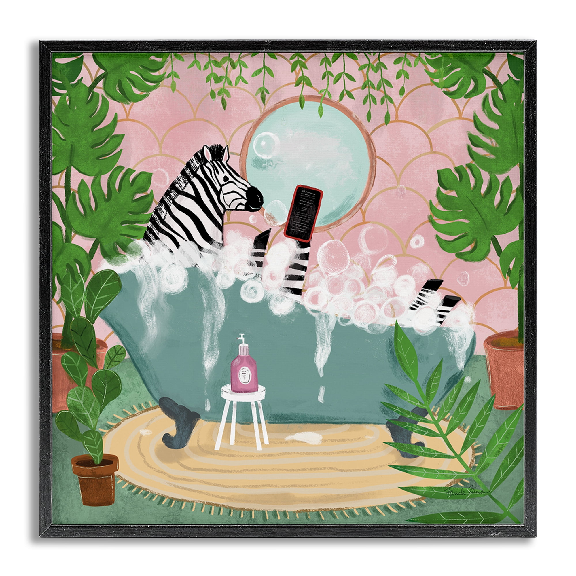 Stupell Industries Zebra Fun Bath Time Typography Painting Gray Framed Art Print Wall Art, 17 x 17