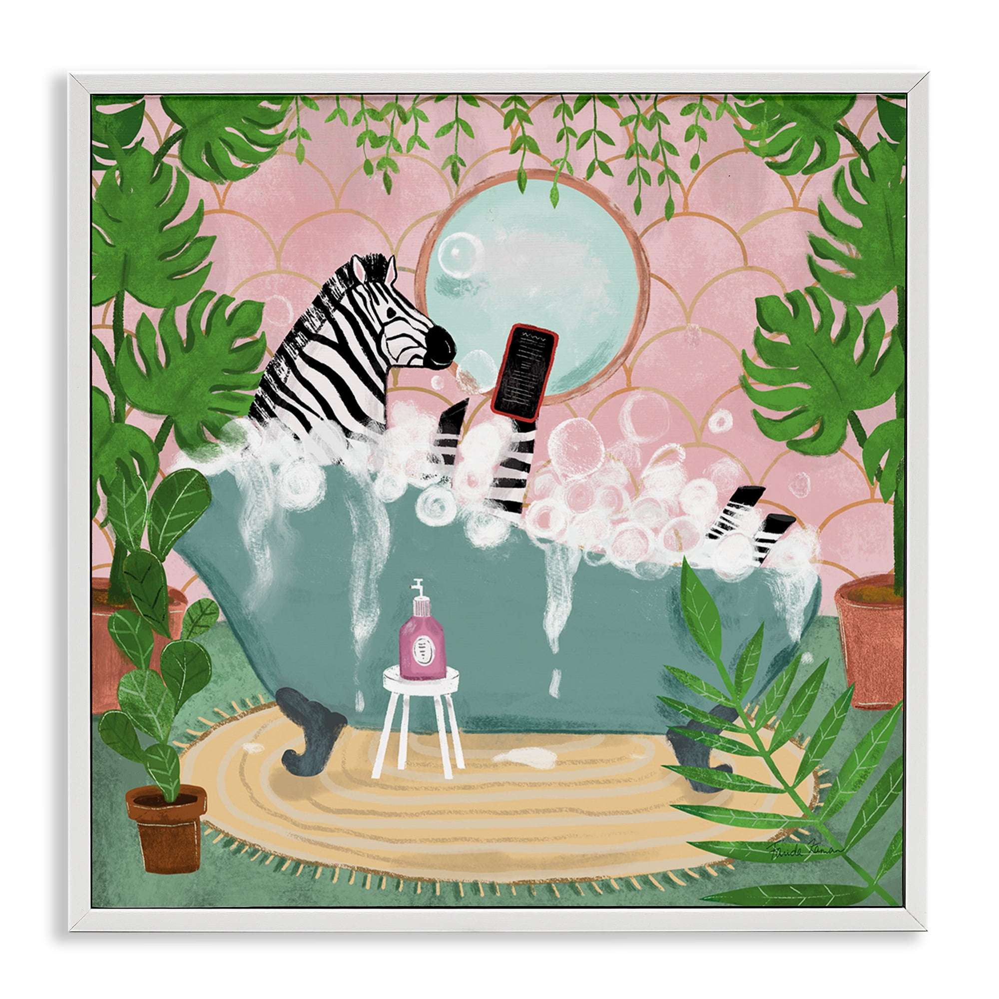 Stupell Industries Zebra Fun Bath Time Typography Painting White Framed Art Print Wall Art, 17 x 17
