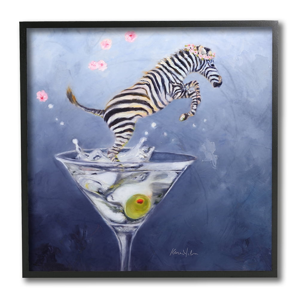 Stupell Industries Zebra Leaping from Martini Glass Olive Black Framed by Karen Weber Fine Art
