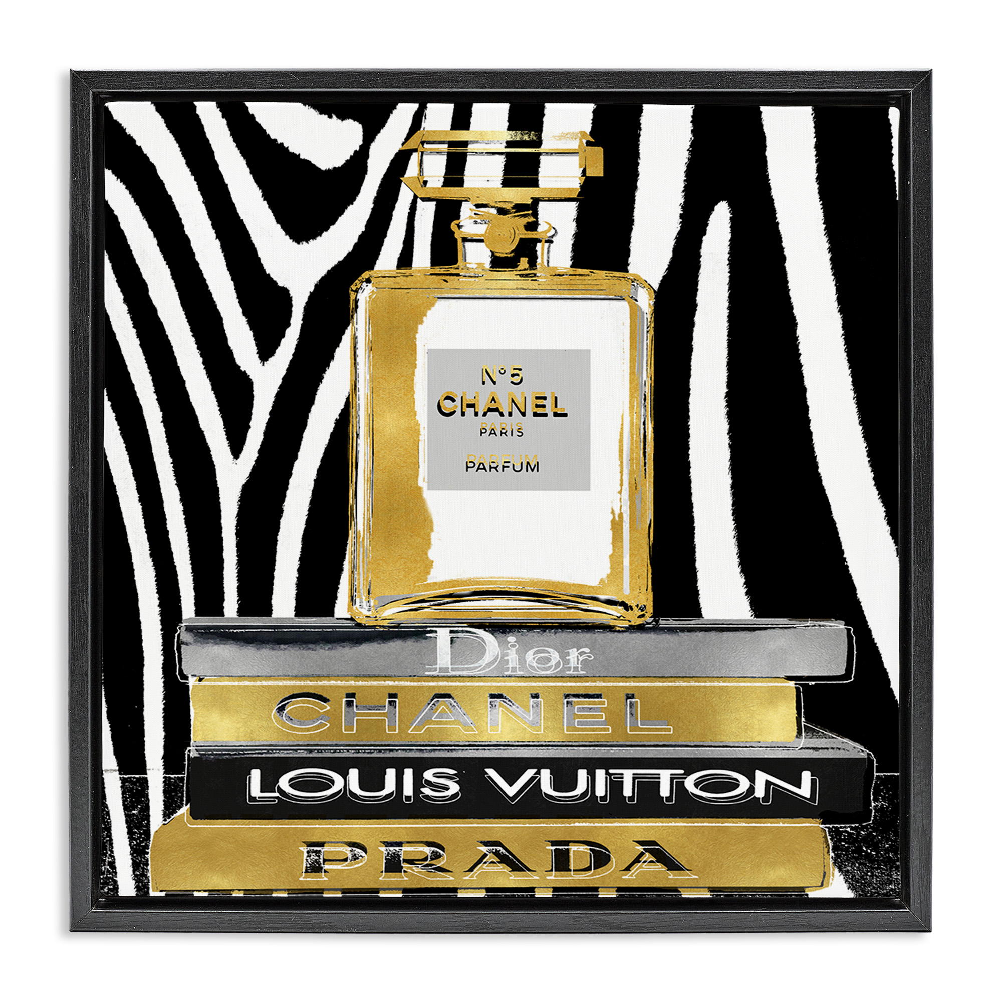 Stupell Industries Zebra Patterned Fashion Bookstack Beauty & Fashion Painting Black Floater Framed Canvas Art Print Wall Art, 18 x 18