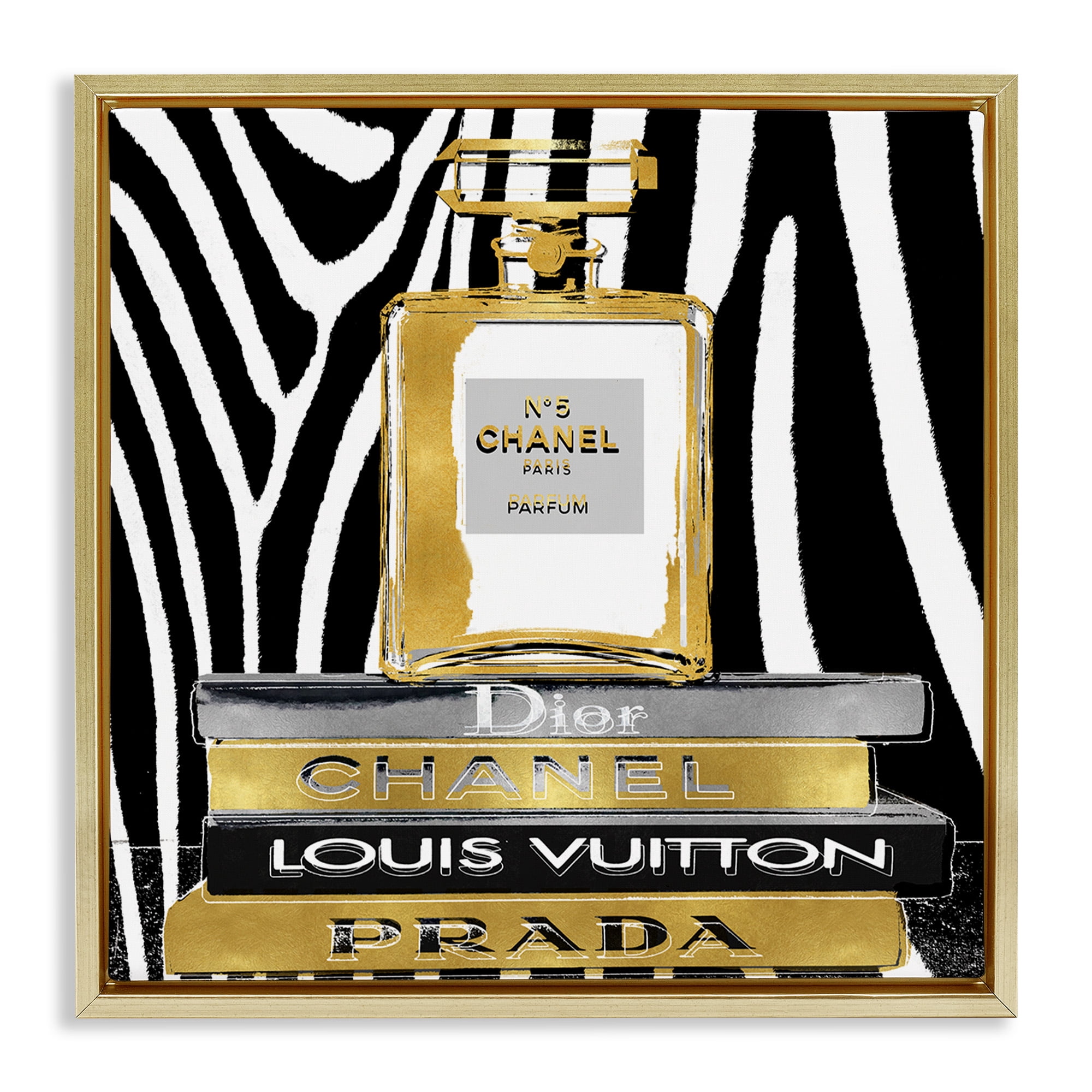 Stupell Industries Zebra Patterned Fashion Bookstack Beauty & Fashion Painting Gold Floater Framed Canvas Art Print Wall Art, 18 x 18