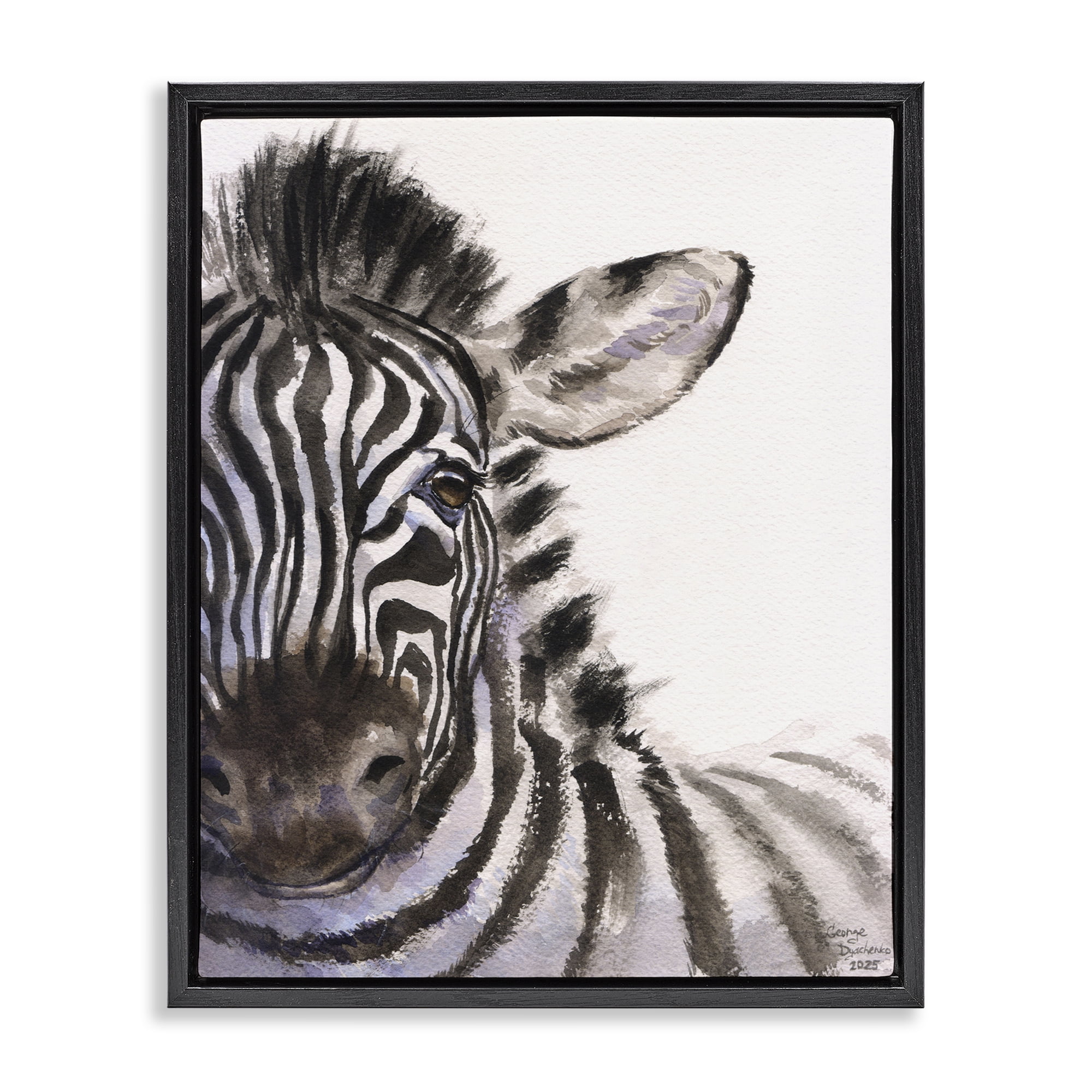 Stupell Industries Zebra Portrait on White Black Framed Floater Canvas Wall Art, design by George Dyachenko