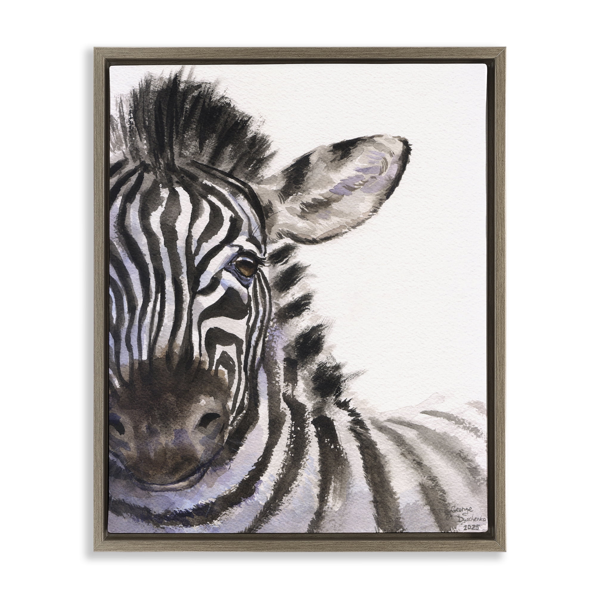 Stupell Industries Zebra Portrait on White Brown Framed Floater Canvas Wall Art, design by George Dyachenko