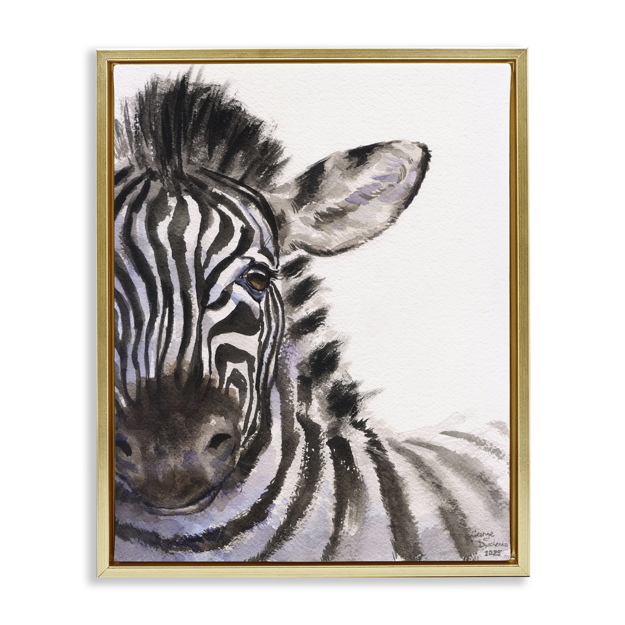Stupell Industries Zebra Portrait on White Gold Framed Floater Canvas Wall Art, design by George Dyachenko