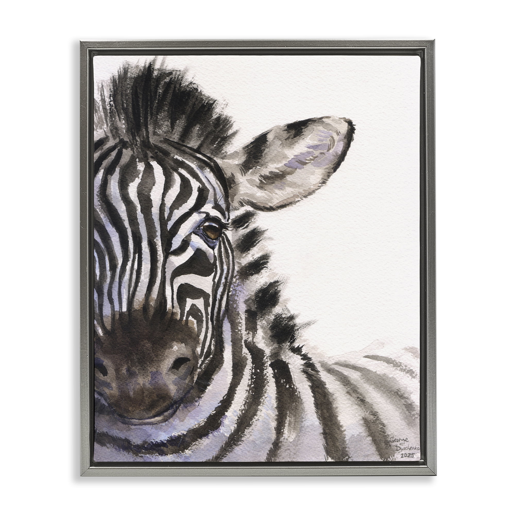 Stupell Industries Zebra Portrait on White Gray Framed Floater Canvas Wall Art, design by George Dyachenko