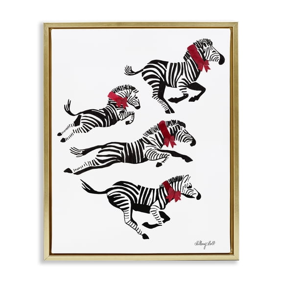 Zebra Stampede with Ribbons Gold Floating Frame Canvas Art, 25 x 31, Made In USA