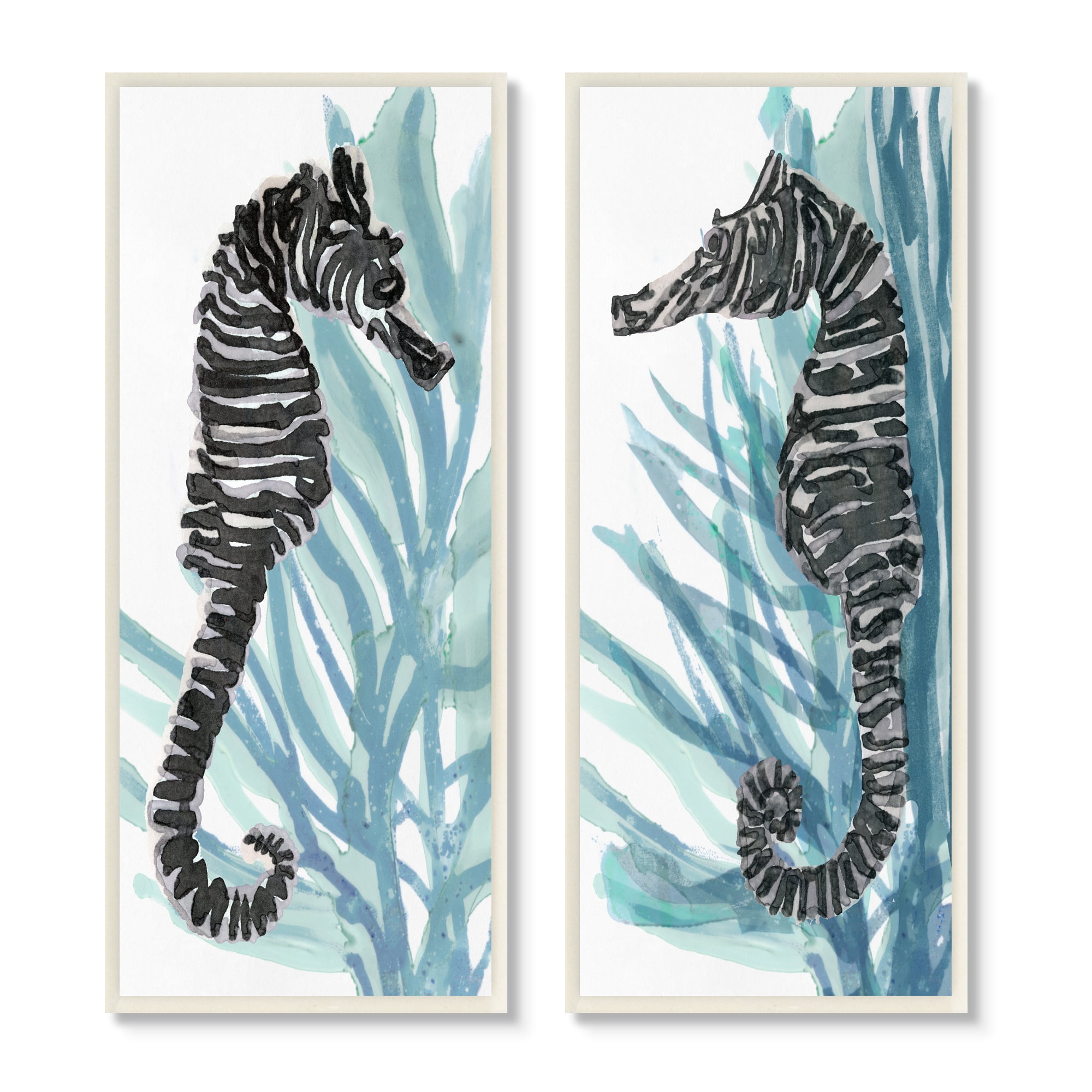 Zebra Striped Sea Horses Blue Ocean Coral Wood Wall Art