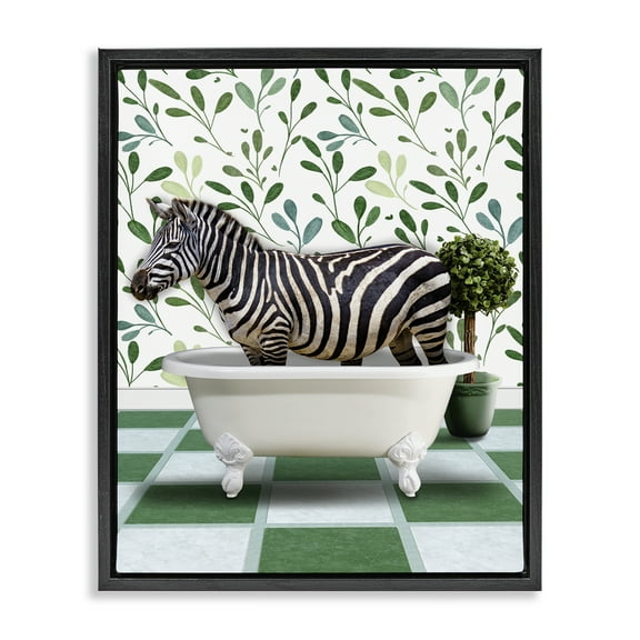 Stupell Industries Zebra in Green Bathroom Bath & Laundry Painting Black Floater Framed Canvas Art Print Wall Art, 17 x 21