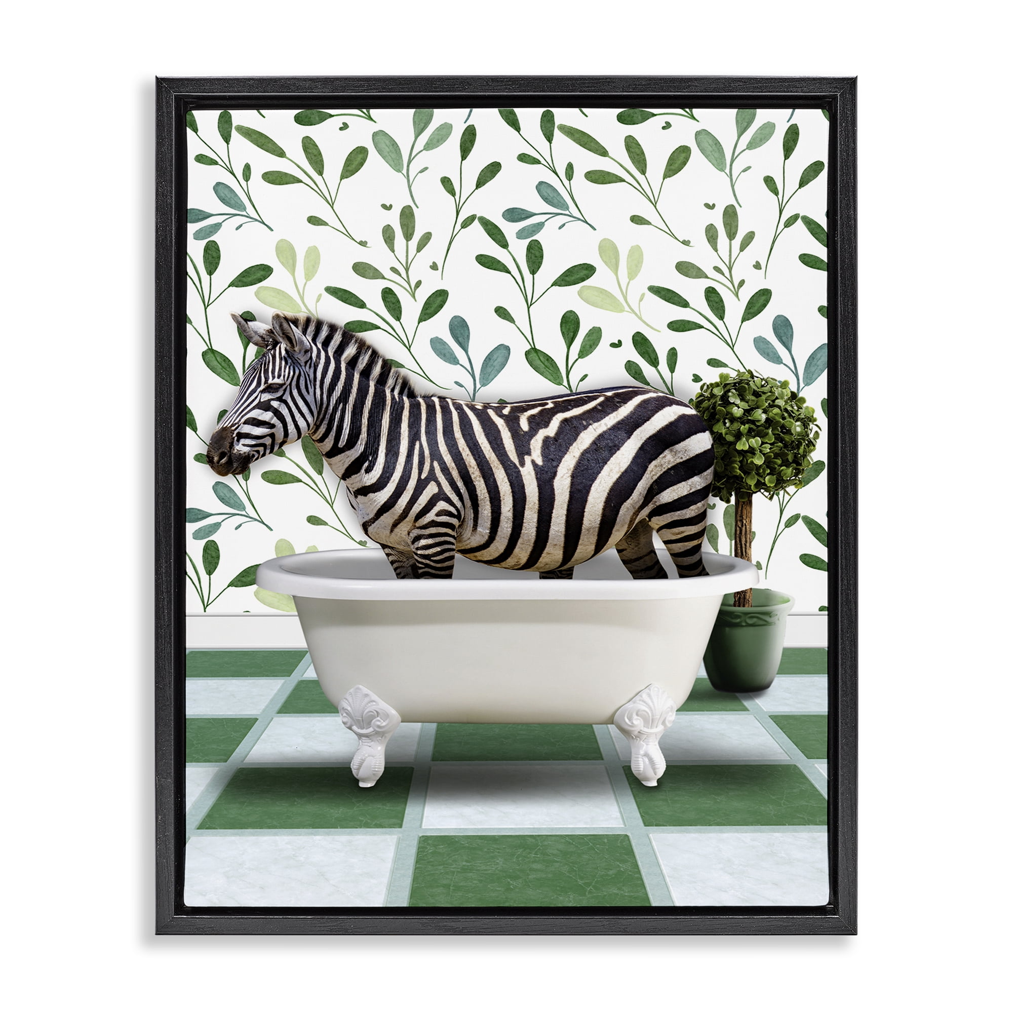 Stupell Industries Zebra in Green Bathroom Bath & Laundry Painting Black Floater Framed Canvas Art Print Wall Art, 25 x 31