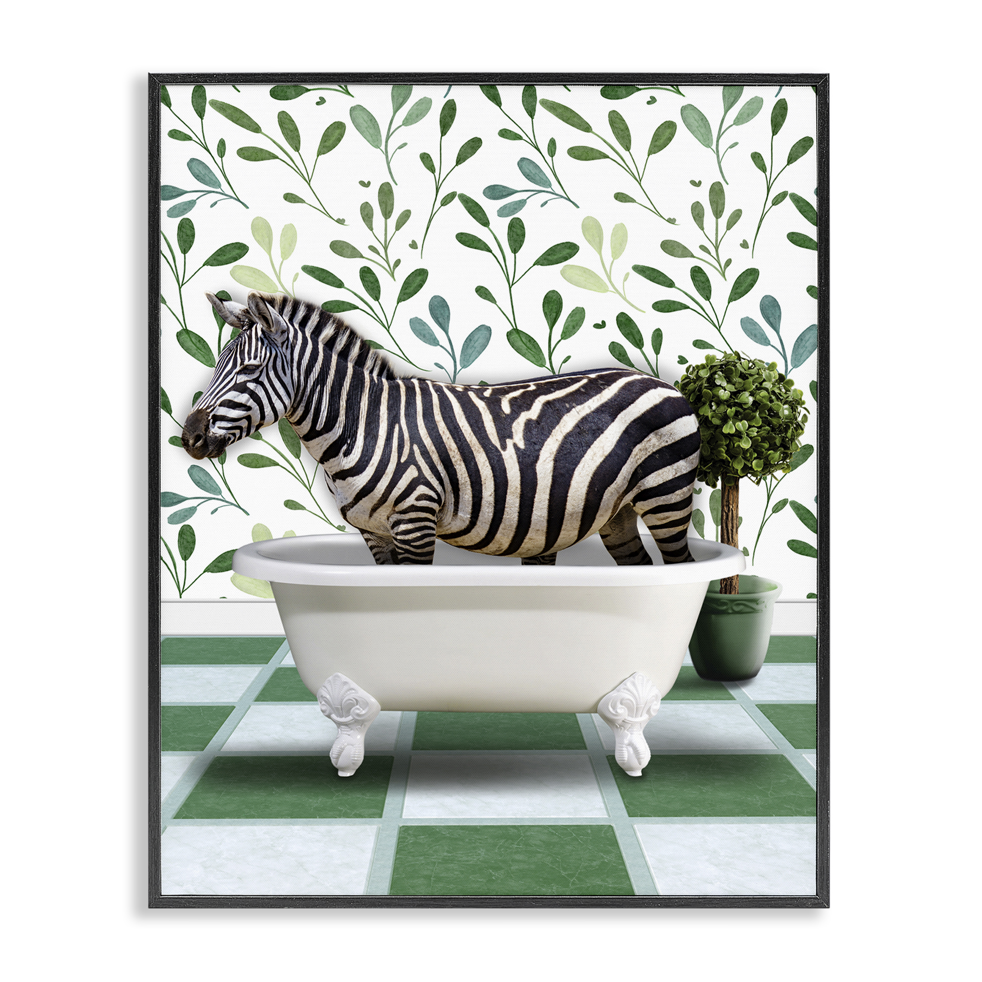 Stupell Industries Zebra in Green Bathroom Bath & Laundry Painting Black Framed Art Print Wall Art, 16 x 20
