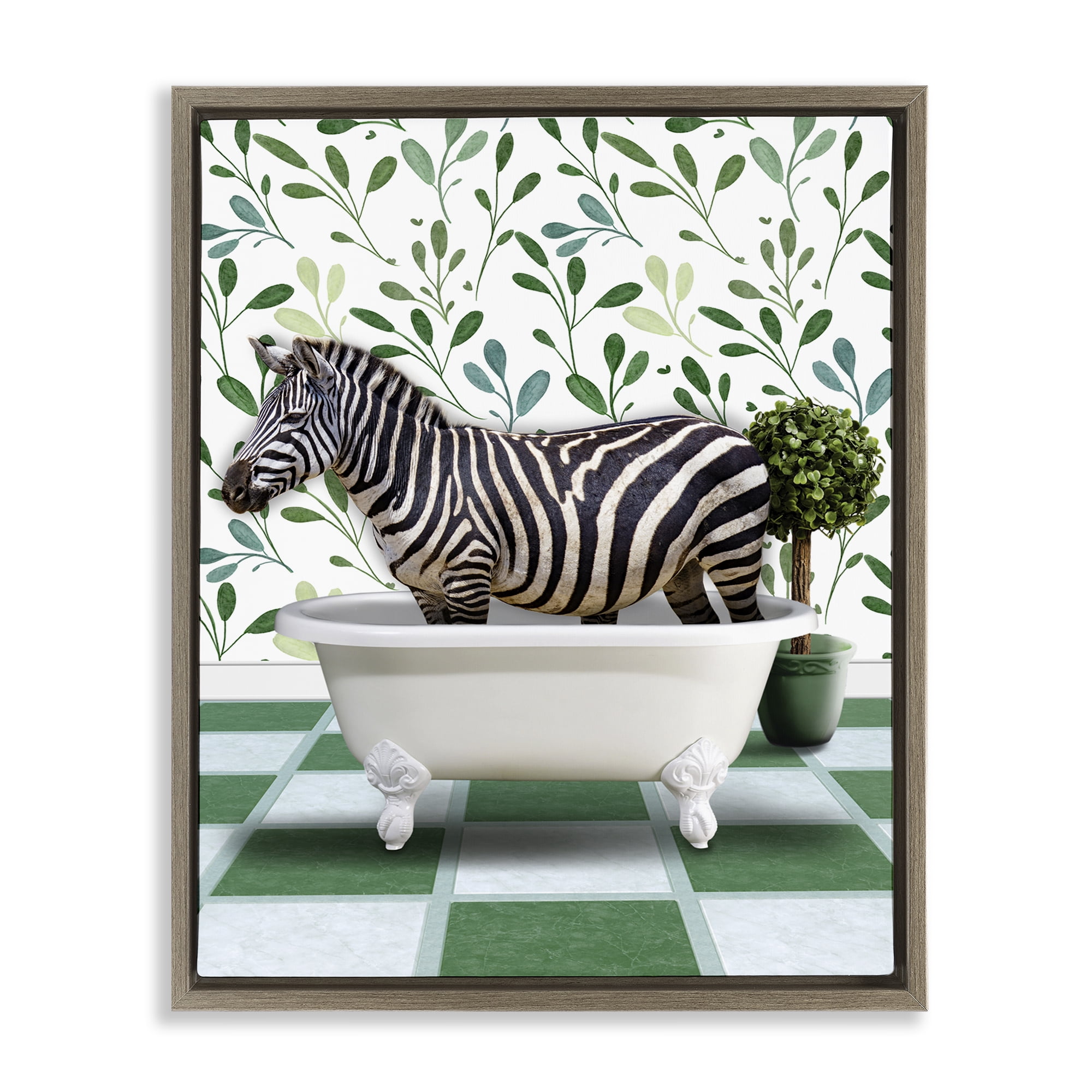 Stupell Industries Zebra in Green Bathroom Bath & Laundry Painting Brown Floater Framed Canvas Art Print Wall Art, 17 x 21
