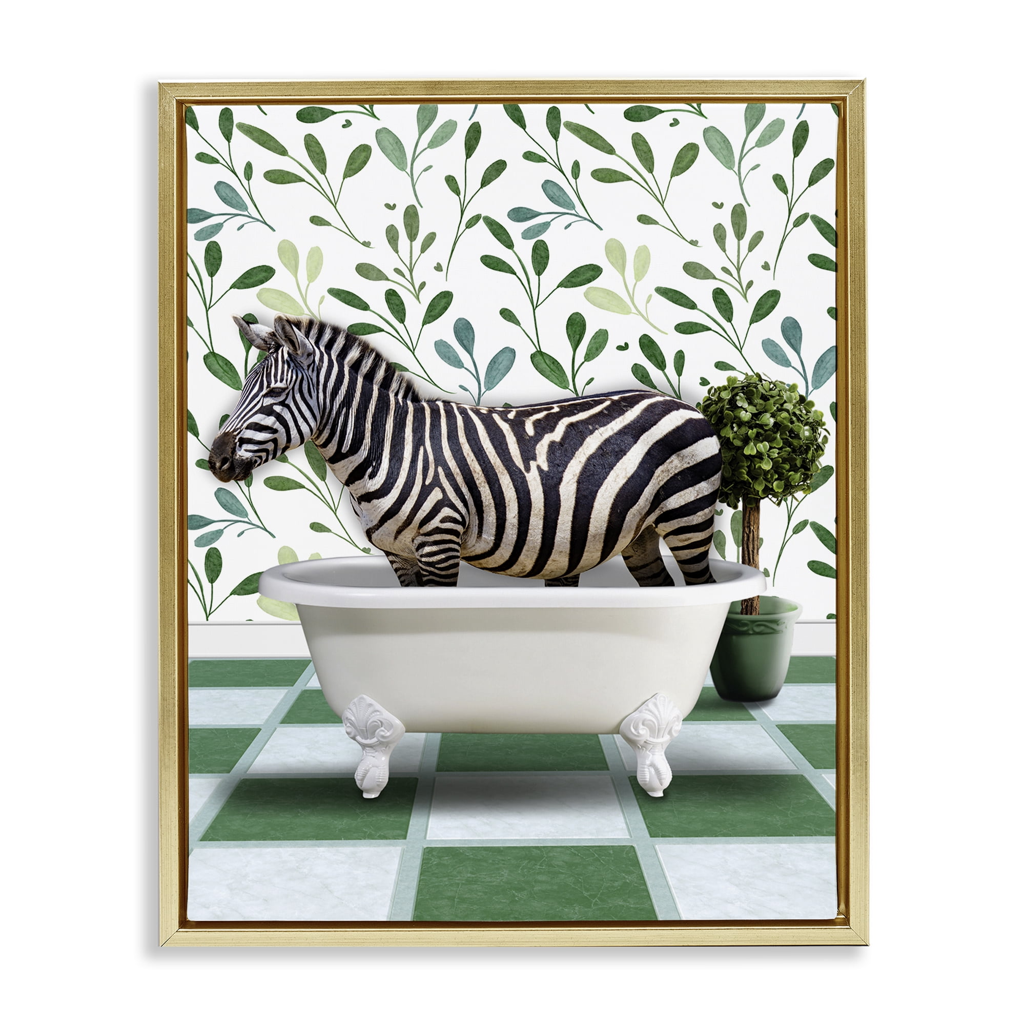 Stupell Industries Zebra in Green Bathroom Bath & Laundry Painting Gold Floater Framed Canvas Art Print Wall Art, 25 x 31