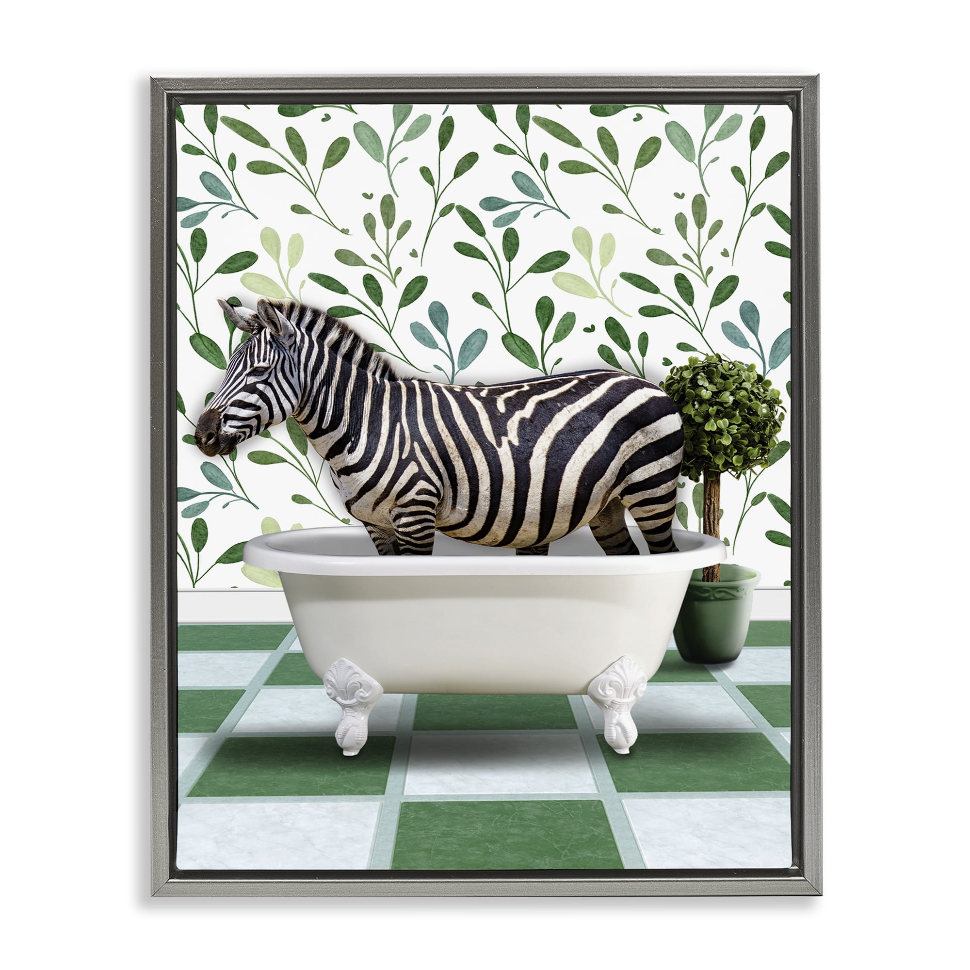Stupell Industries Zebra in Green Bathroom Bath & Laundry Painting Gray Floater Framed Canvas Art Print Wall Art, 17 x 21