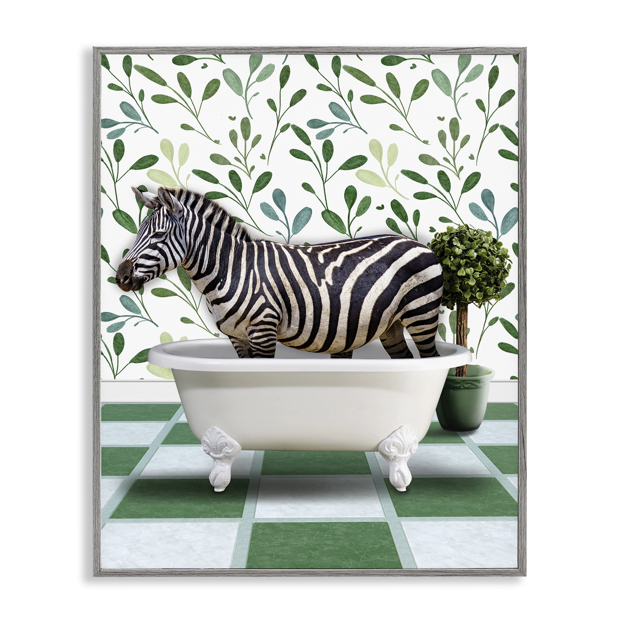 Stupell Industries Zebra in Green Bathroom Bath & Laundry Painting Gray Framed Art Print Wall Art, 16 x 20