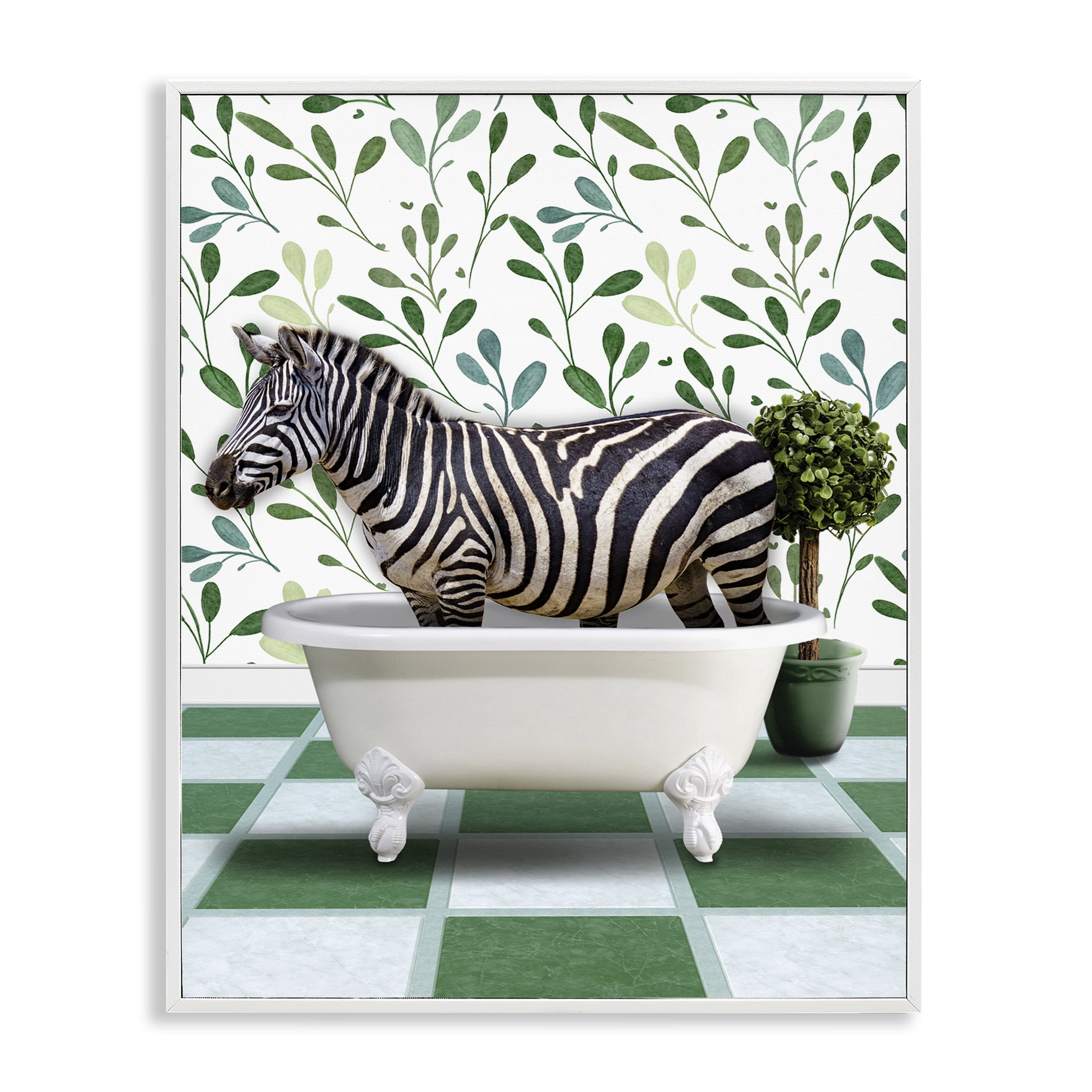 Stupell Industries Zebra in Green Bathroom Bath & Laundry Painting White Framed Art Print Wall Art, 11 x 14