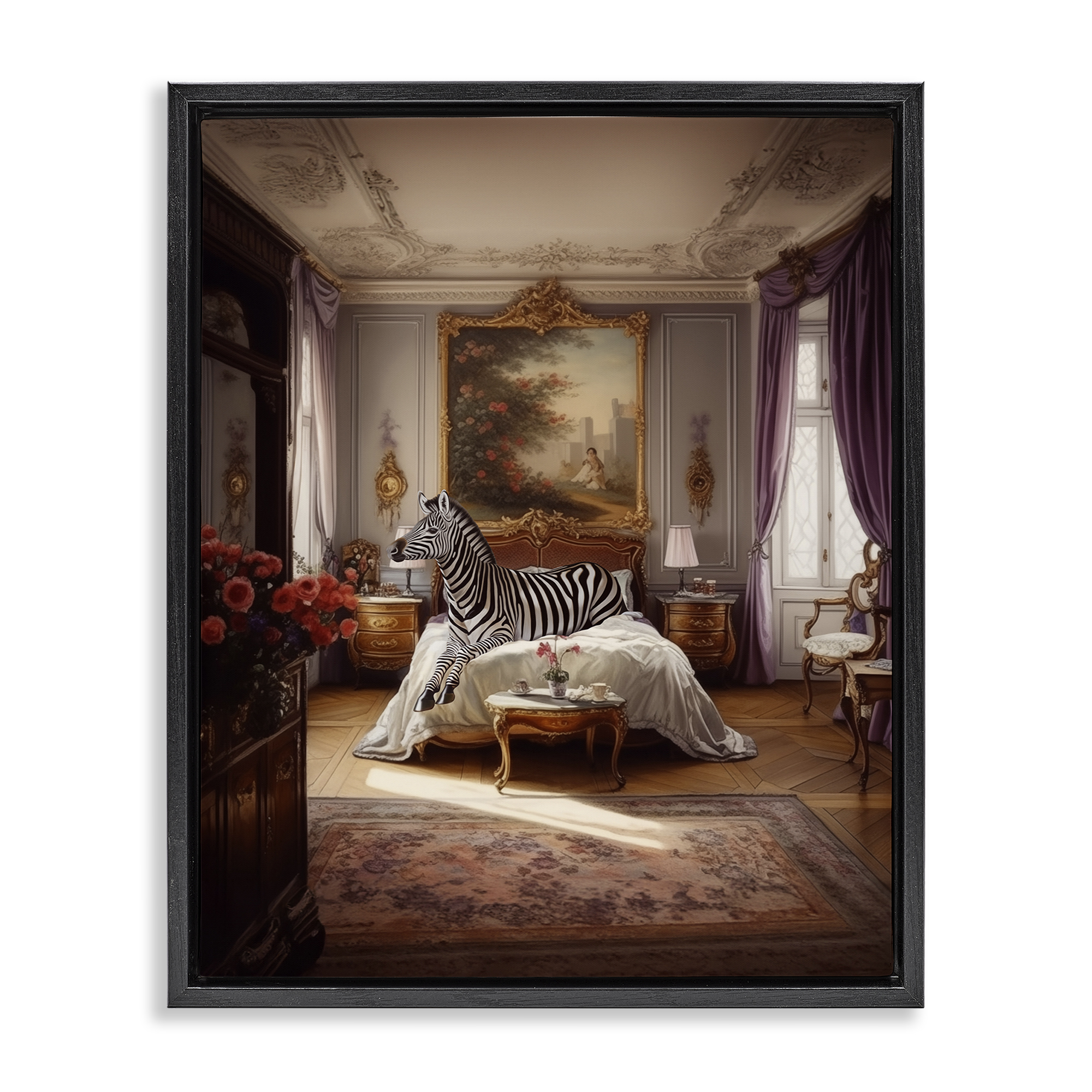 Stupell Industries Zebra in Regal Room Animals Painting Black Floater Framed Canvas Art Print Wall Art, 17 x 21