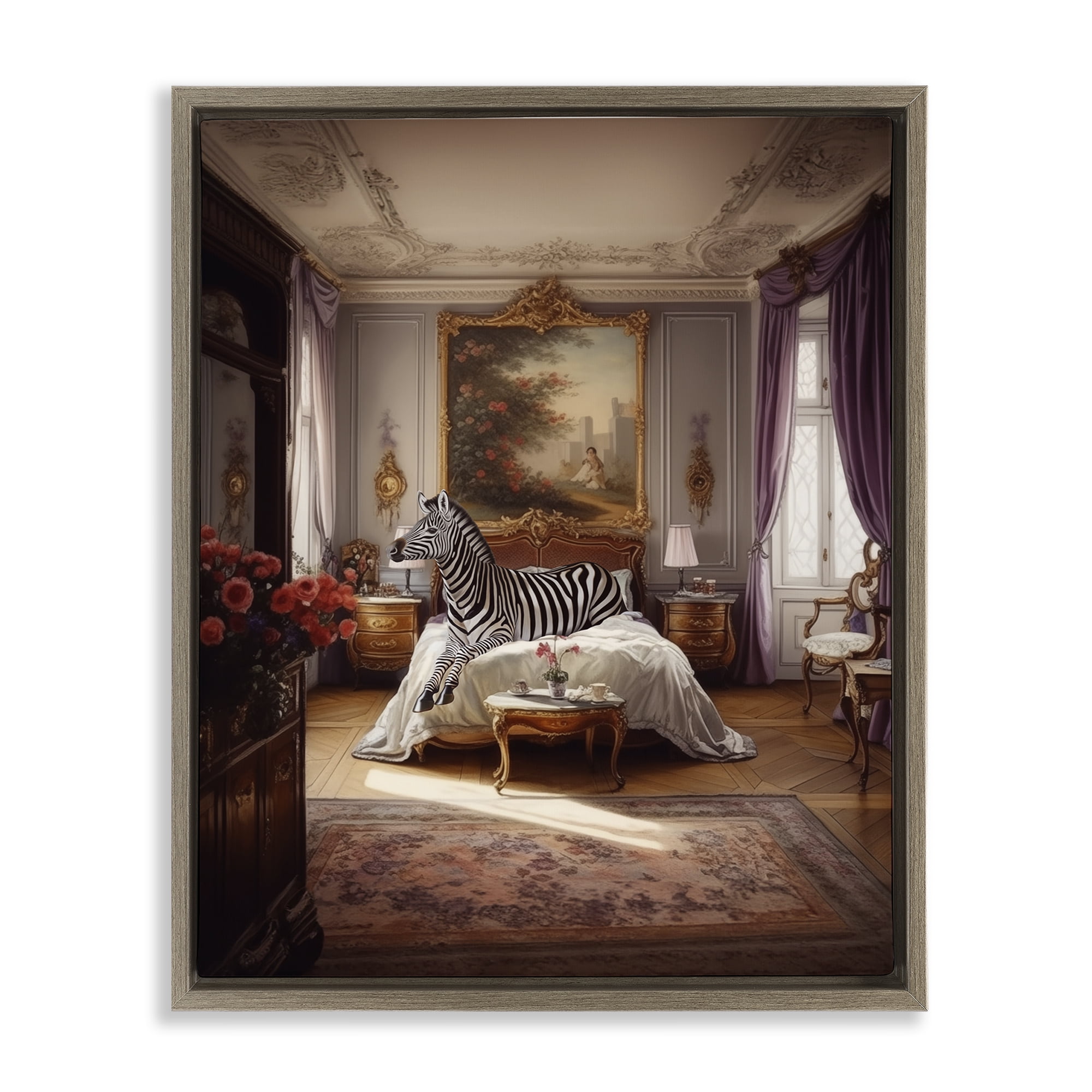 Stupell Industries Zebra in Regal Room Animals Painting Brown Floater Framed Canvas Art Print Wall Art, 25 x 31