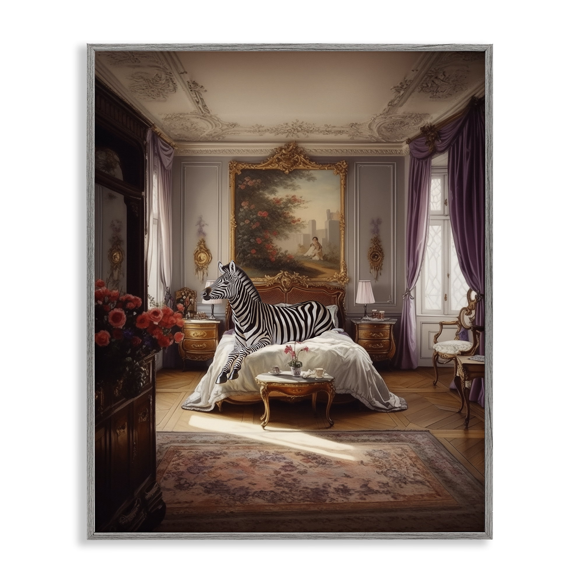 Stupell Industries Zebra in Regal Room Animals Painting Gray Framed Art Print Wall Art, 16 x 20