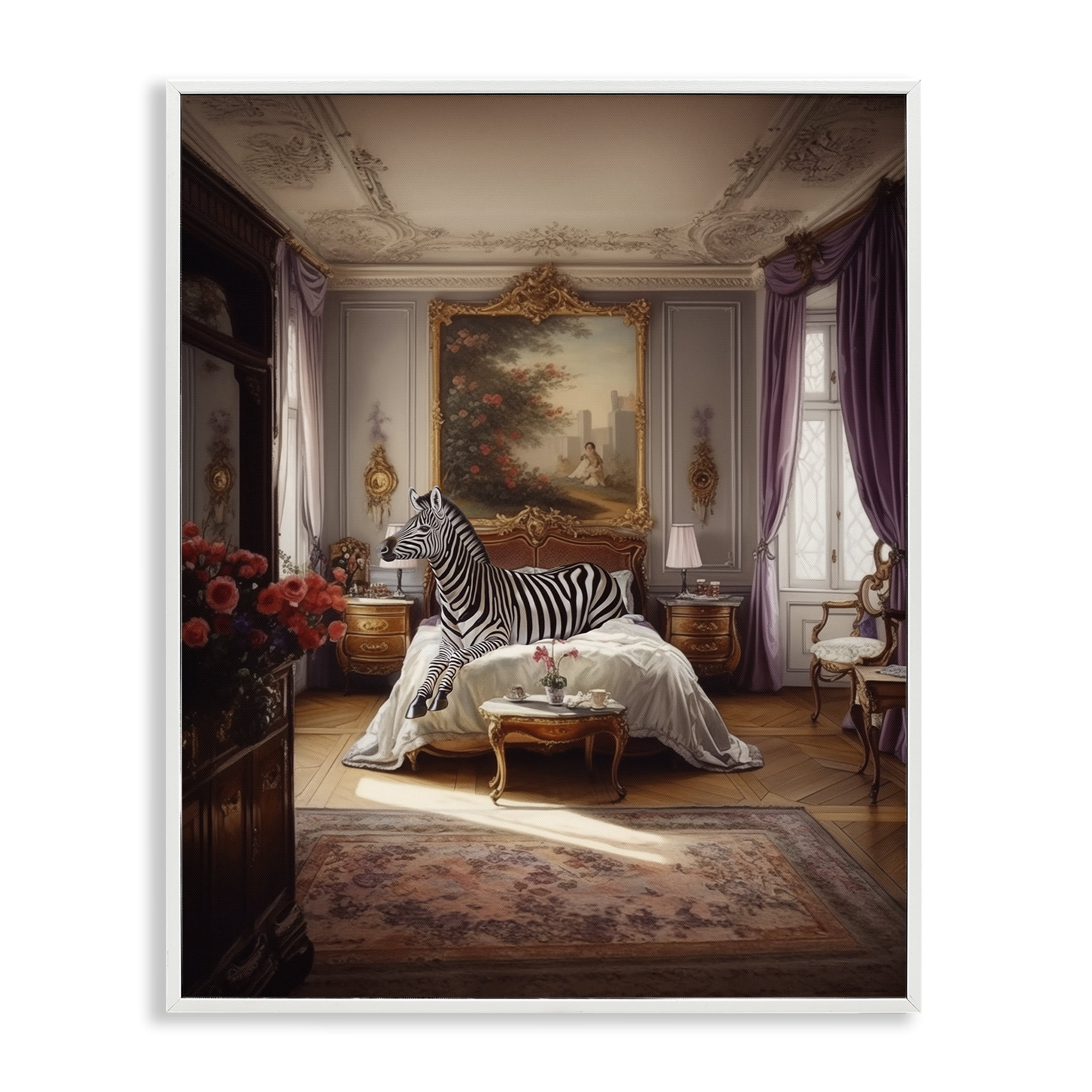 Stupell Industries Zebra in Regal Room Animals Painting White Framed Art Print Wall Art, 11 x 14