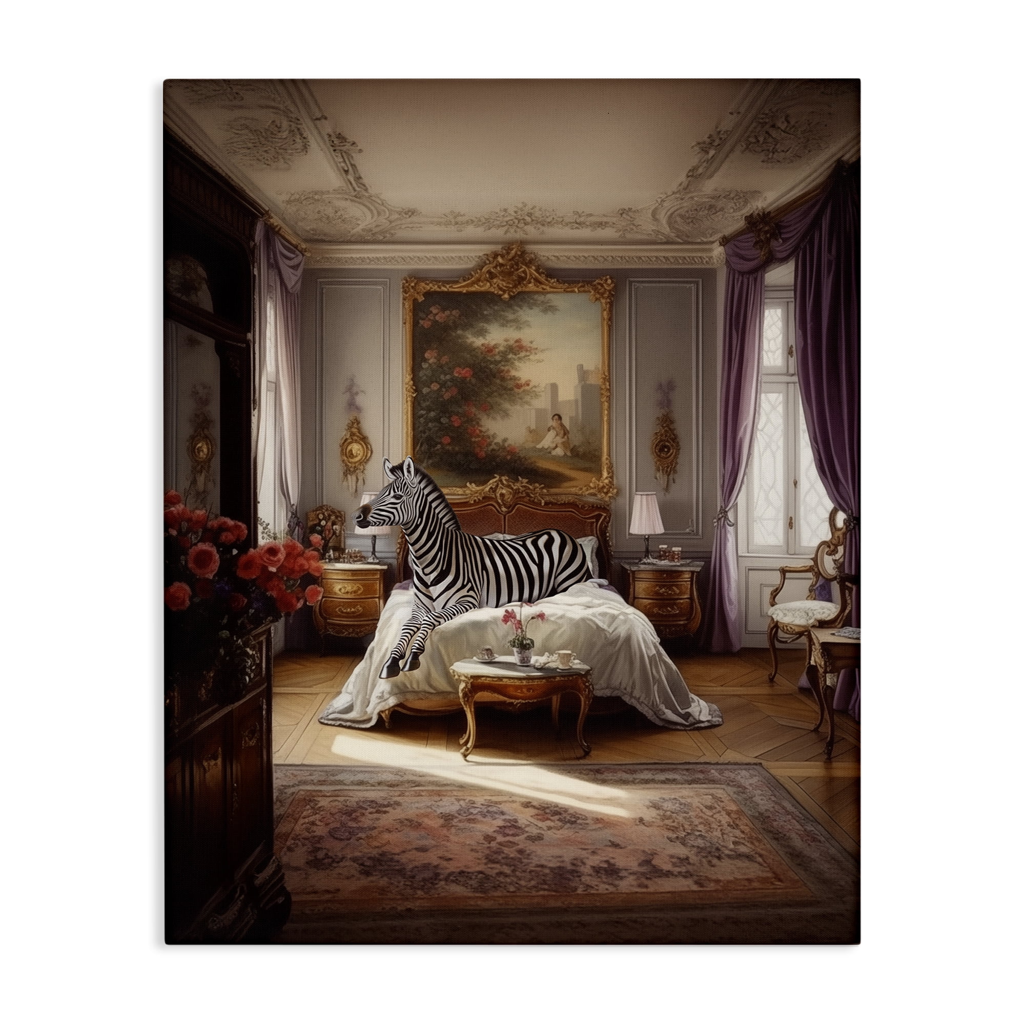 Stupell Industries Zebra in Regal Room Animals Painting Wrapped Canvas Art Print Wall Art, 36 x 48