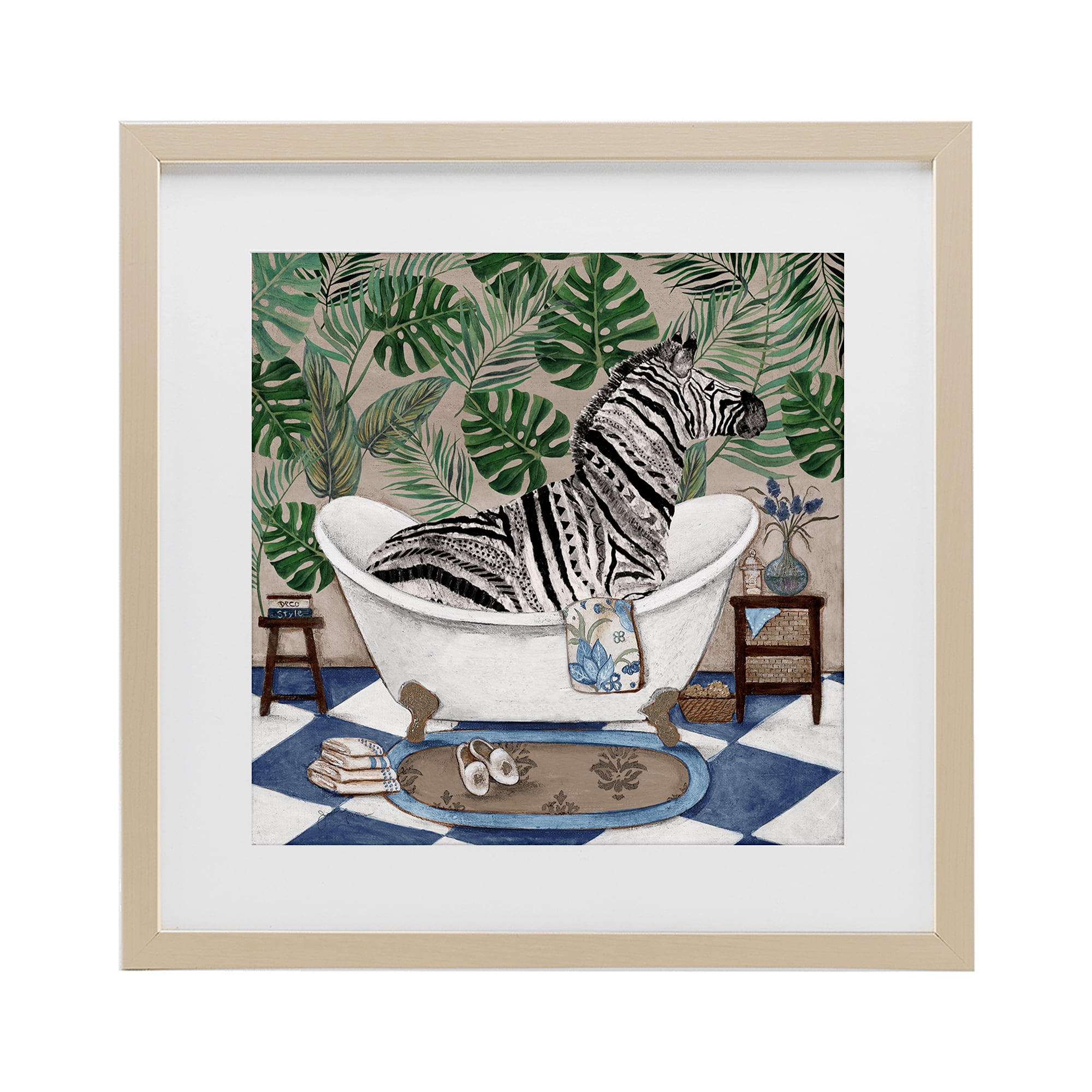 Stupell Industries Zebra in Tropical Bathtub Birch Framed Print Under Glass, design by Janet Tava