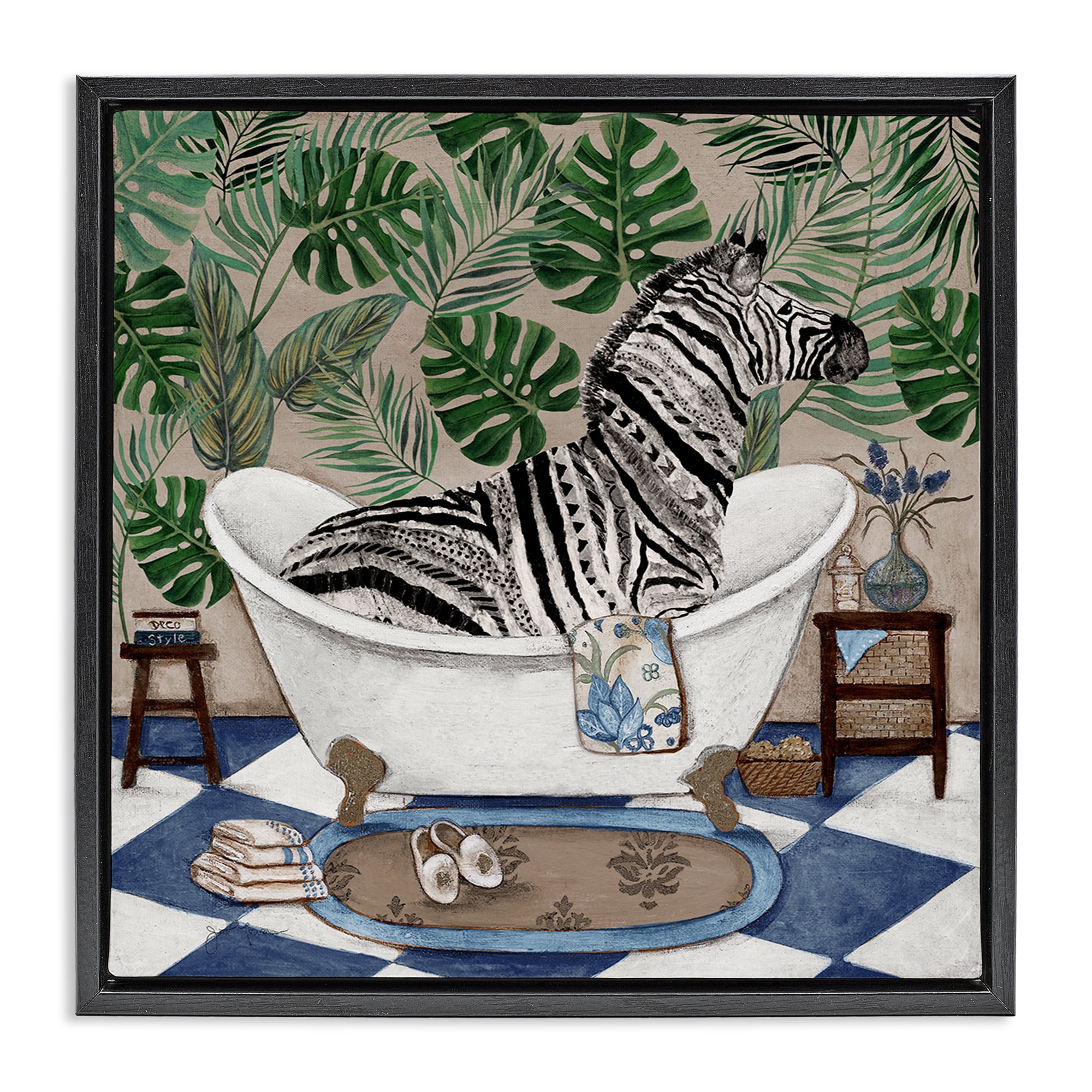 Stupell Industries Zebra in Tropical Bathtub Black Framed Floater Canvas Wall Art, design by Janet Tava