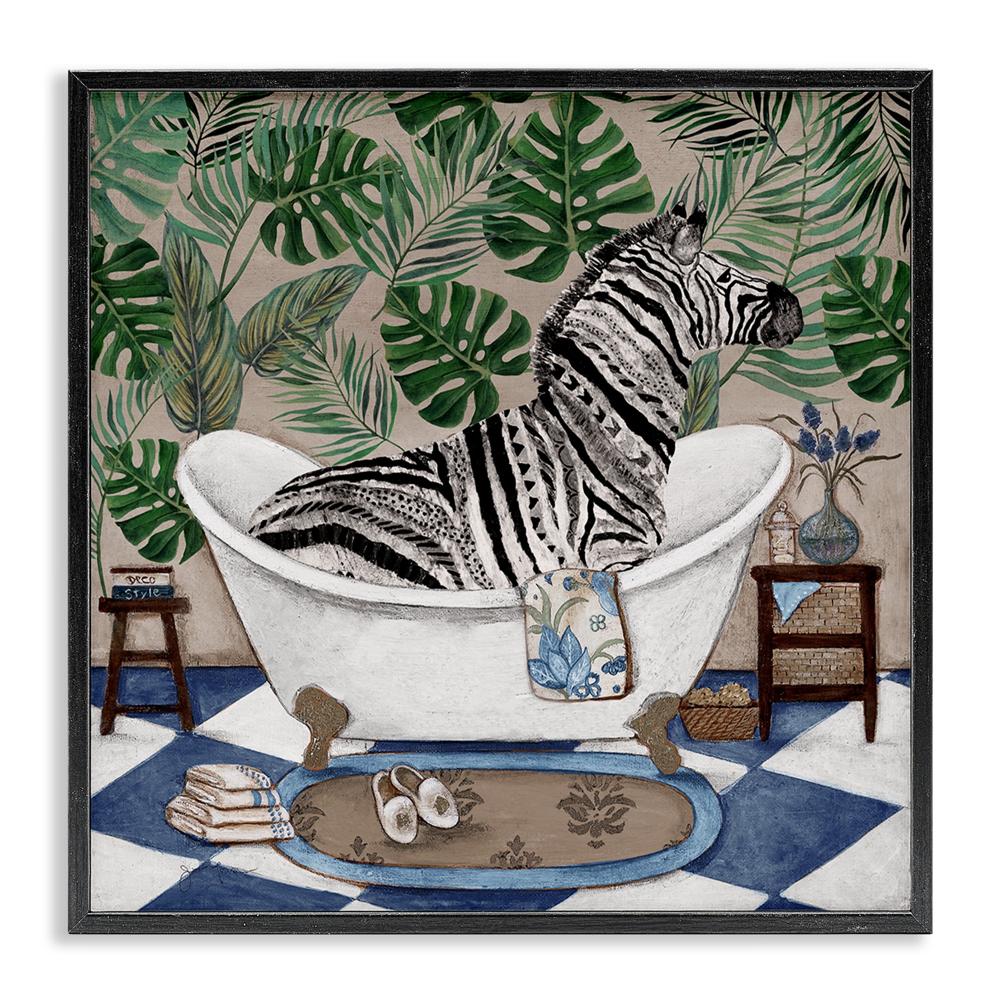 Stupell Industries Zebra in Tropical Bathtub Black Framed Giclee Art, design by Janet Tava