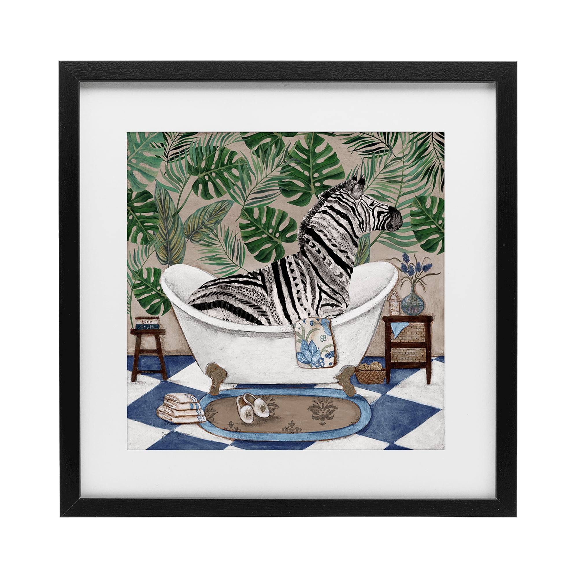 Stupell Industries Zebra in Tropical Bathtub Black Framed Print Under Glass, design by Janet Tava