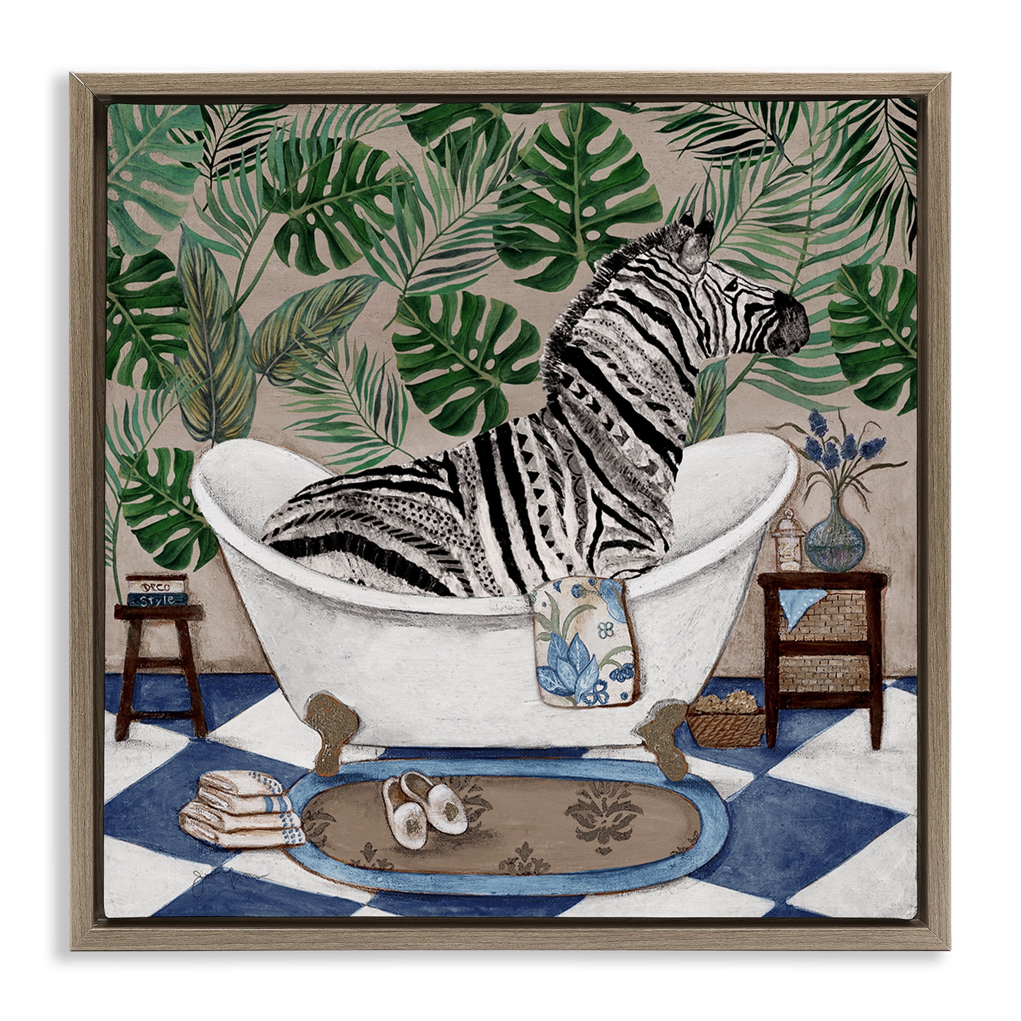 Stupell Industries Zebra in Tropical Bathtub Brown Framed Floater Canvas Wall Art, design by Janet Tava