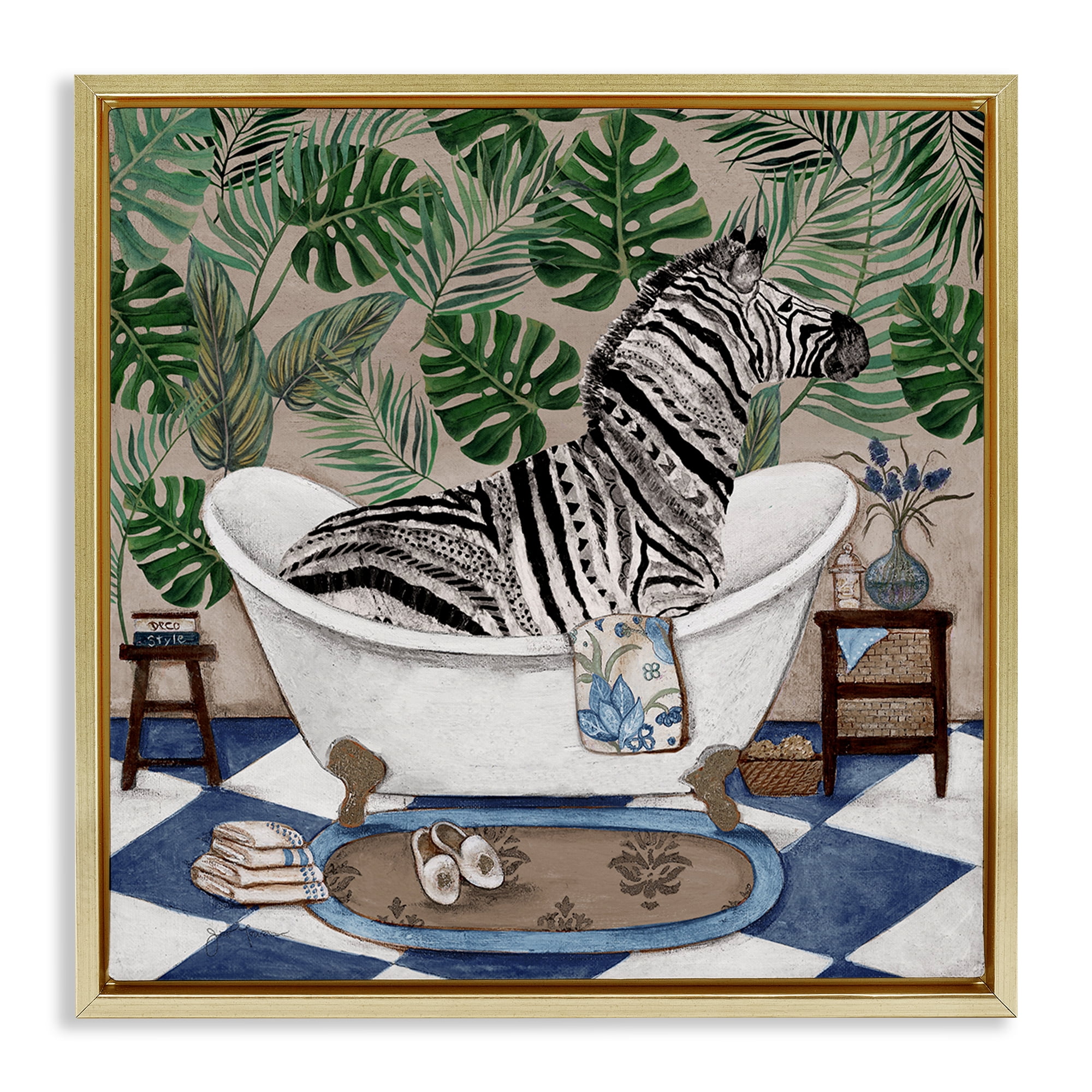 Stupell Industries Zebra in Tropical Bathtub Gold Framed Floater Canvas Wall Art, design by Janet Tava