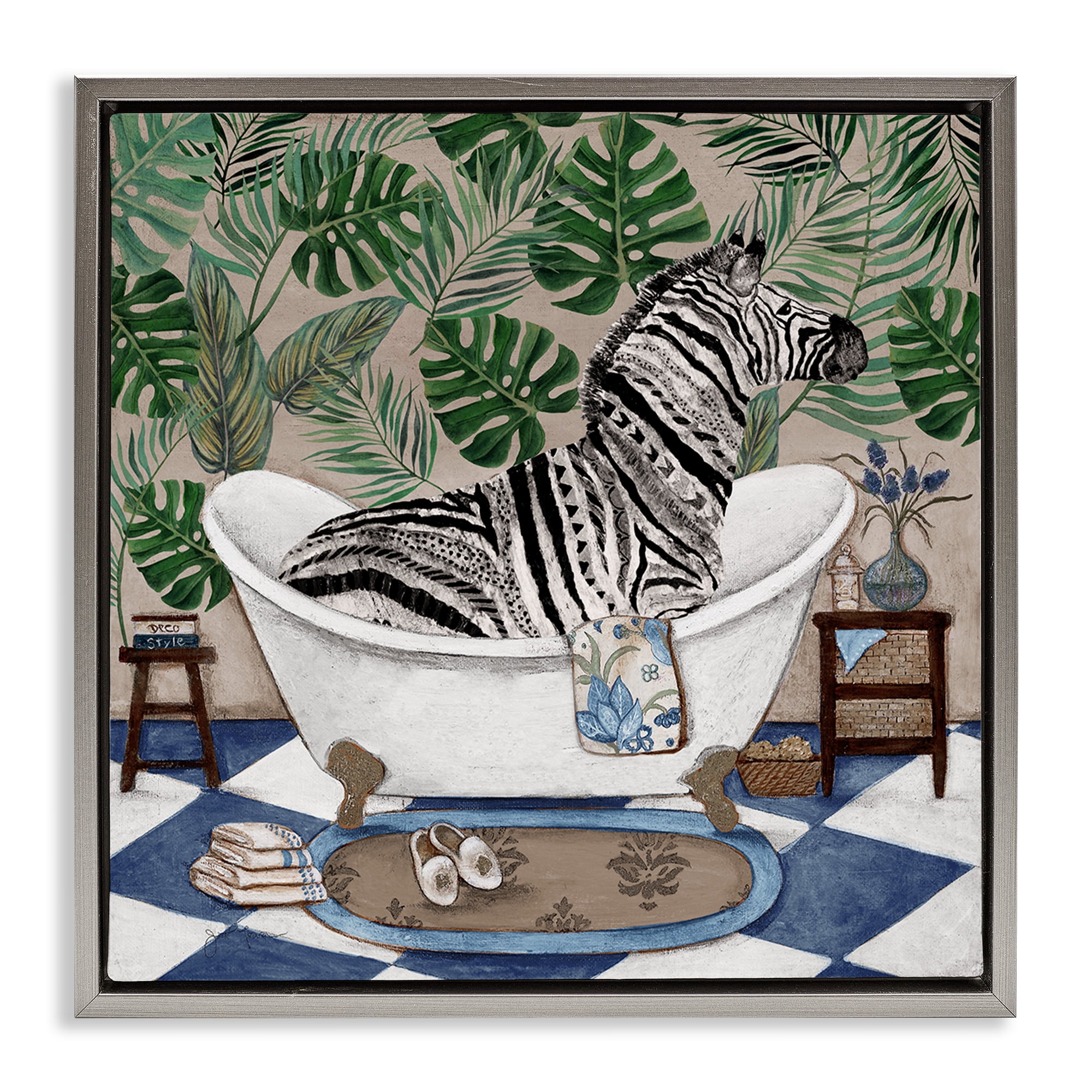 Stupell Industries Zebra in Tropical Bathtub Gray Framed Floater Canvas Wall Art, design by Janet Tava