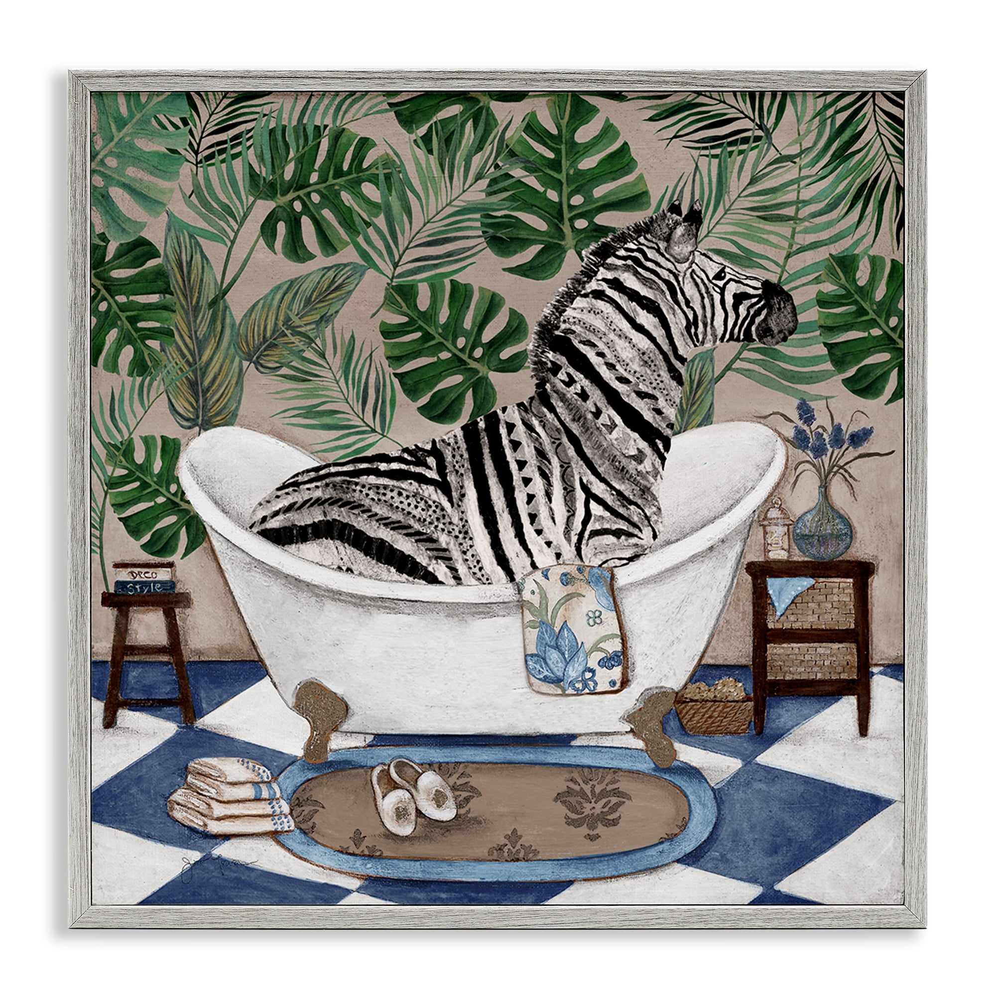 Stupell Industries Zebra in Tropical Bathtub Gray Framed Giclee Art, design by Janet Tava