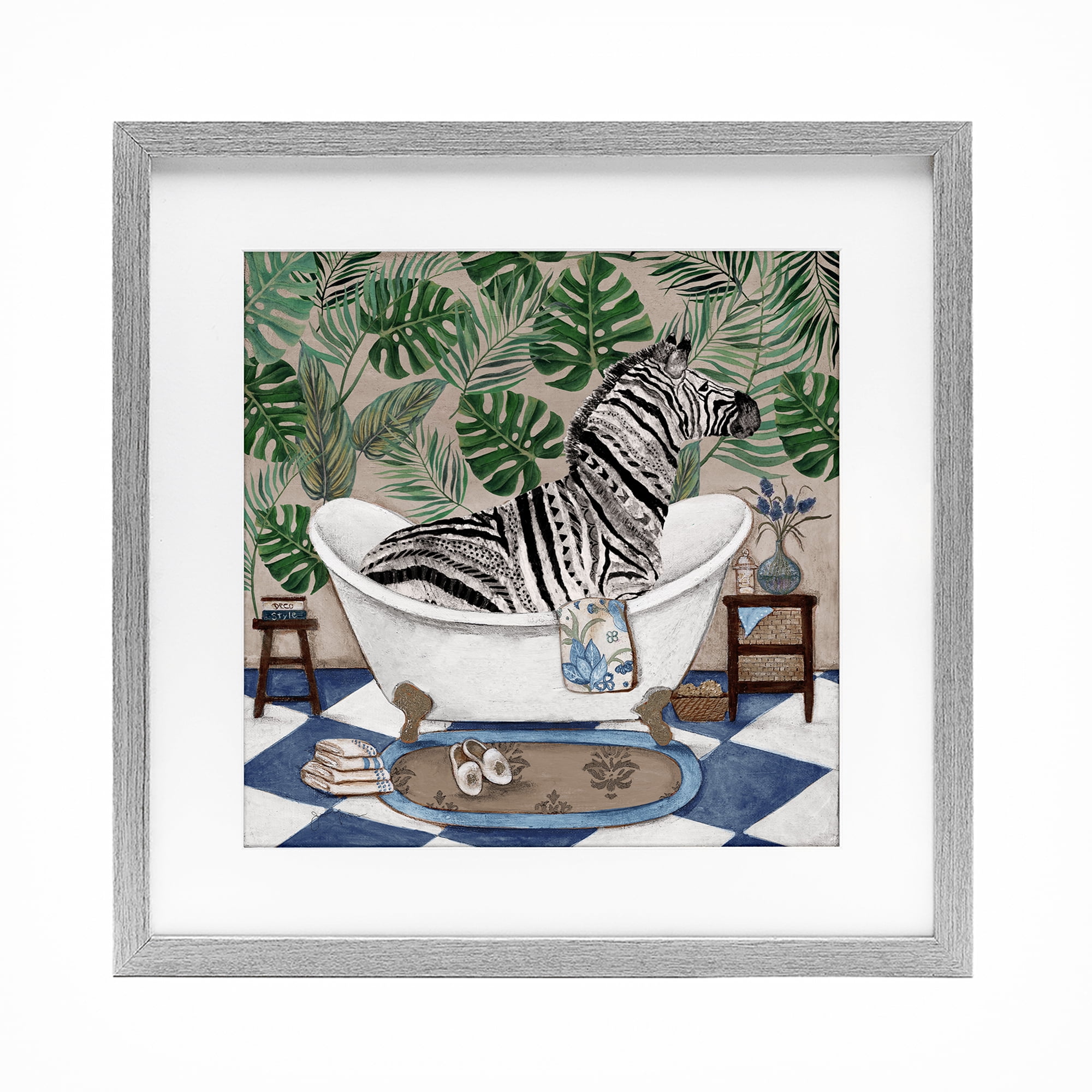 Stupell Industries Zebra in Tropical Bathtub Gray Framed Print Under Glass, design by Janet Tava