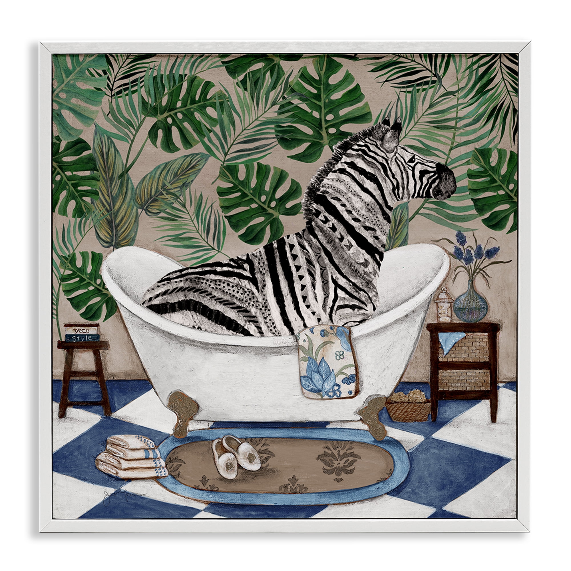 Stupell Industries Zebra in Tropical Bathtub White Framed Giclee Art, design by Janet Tava