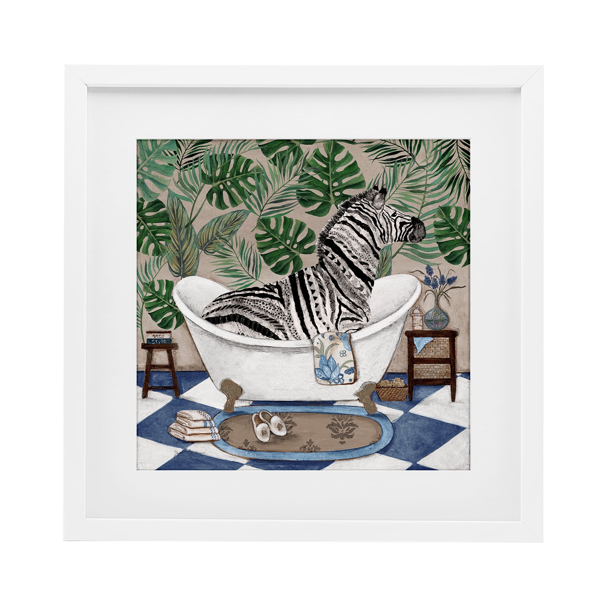 Stupell Industries Zebra in Tropical Bathtub White Framed Print Under Glass, design by Janet Tava