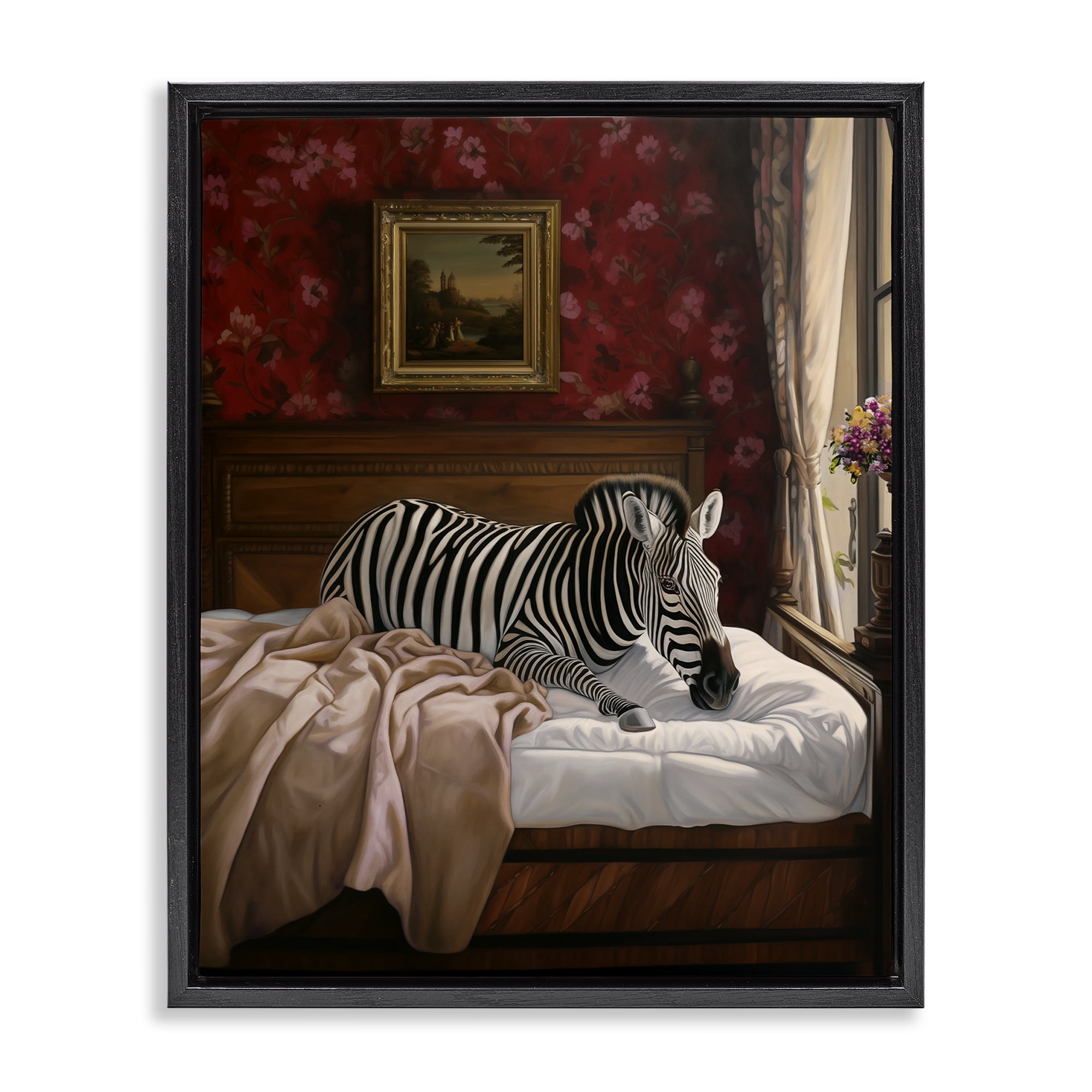 Stupell Industries Zebra on Regal Bed Animals Painting Black Floater Framed Canvas Art Print Wall Art, 25 x 31