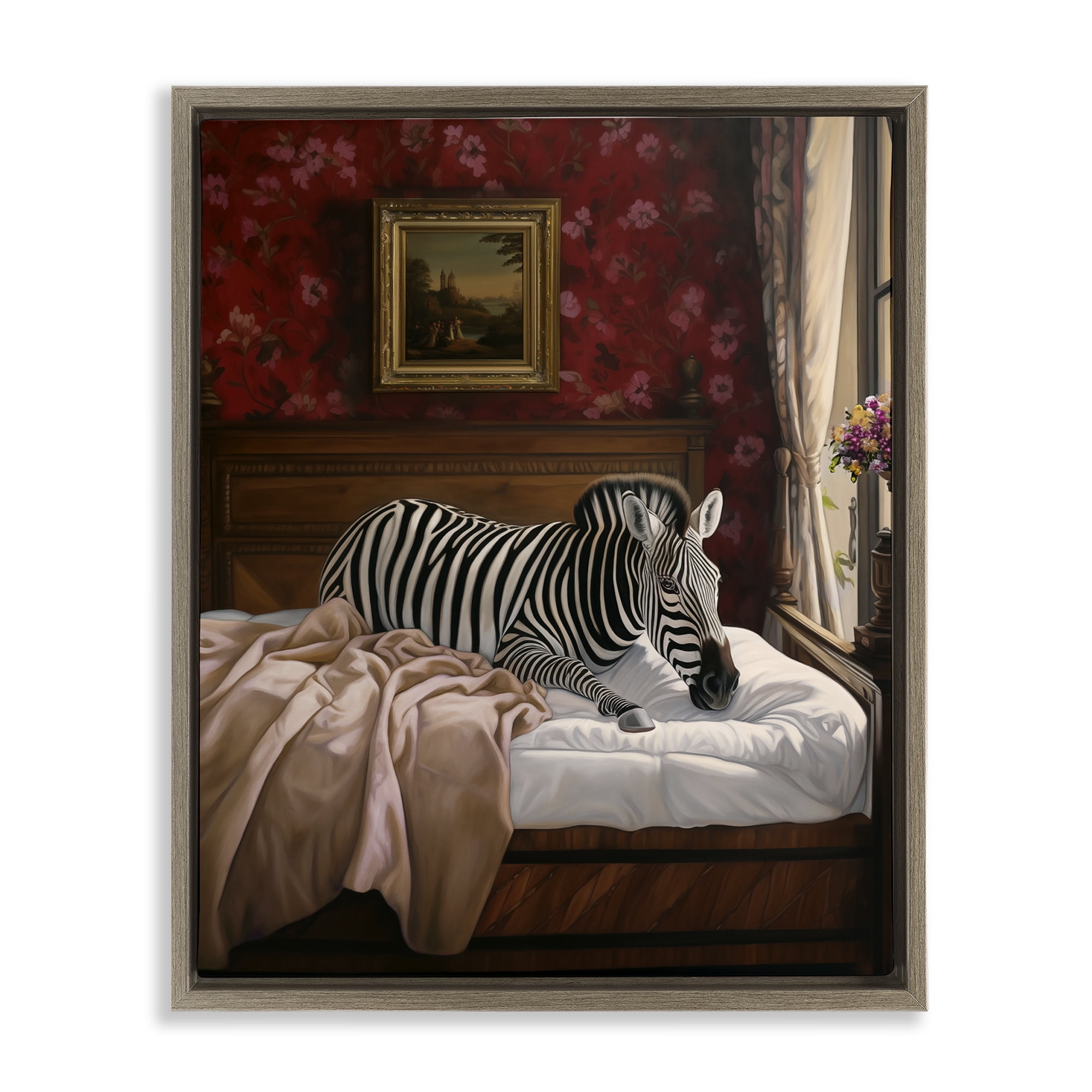 Stupell Industries Zebra on Regal Bed Animals Painting Brown Floater Framed Canvas Art Print Wall Art, 25 x 31