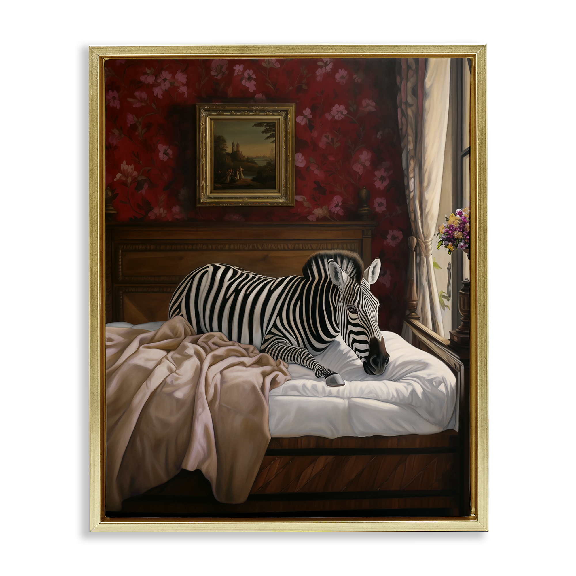 Stupell Industries Zebra on Regal Bed Animals Painting Gold Floater Framed Canvas Art Print Wall Art, 25 x 31