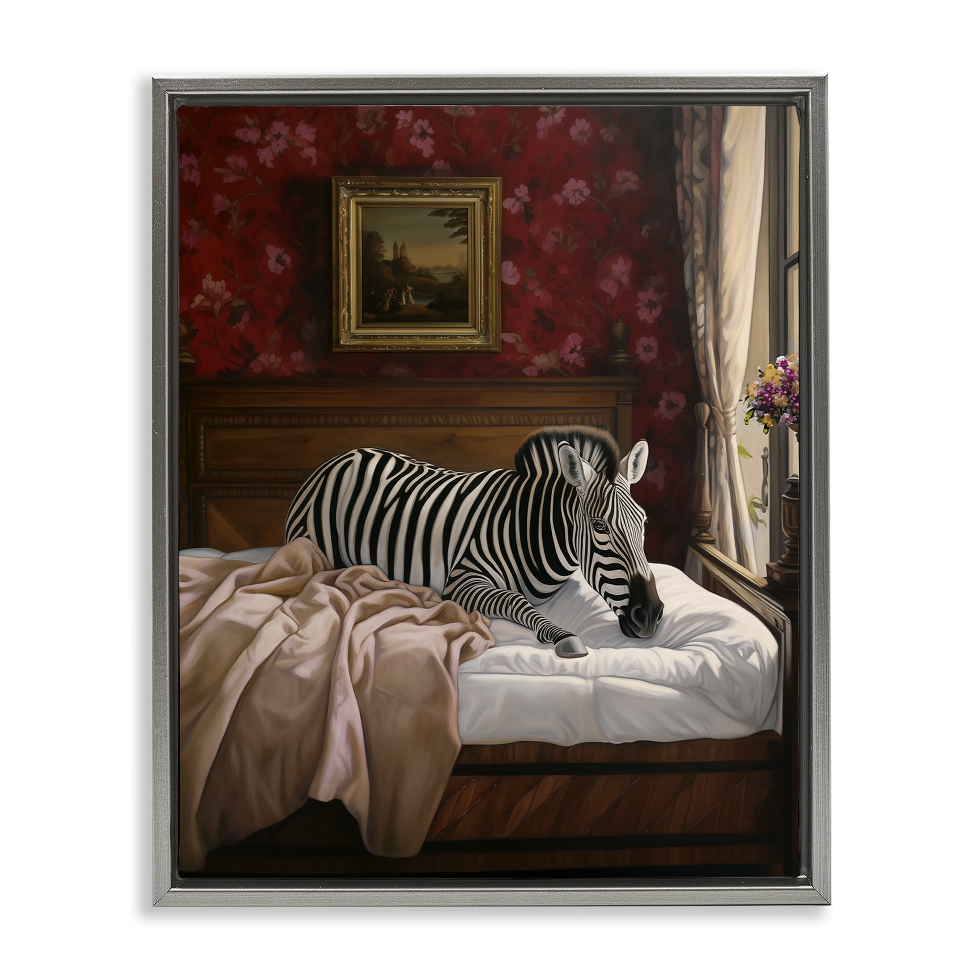 Stupell Industries Zebra on Regal Bed Animals Painting Gray Floater Framed Canvas Art Print Wall Art, 25 x 31